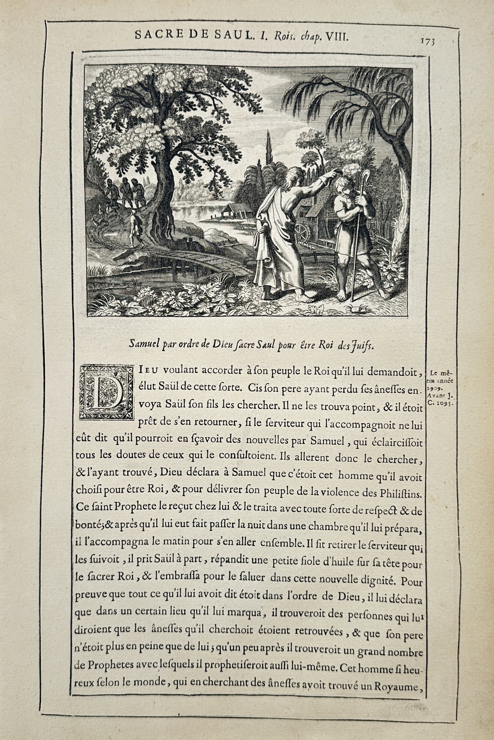 Isaac Lemaistre de Sacy (1613–1684) – Biblical Scene: Coronation of Saul – Engraving (1670): Sacre De Saul This engraving presents a religious illustration embedded within a page of text. The central engraving depicts the biblical narrative of Samuel anointing Saul as the first king of Israel