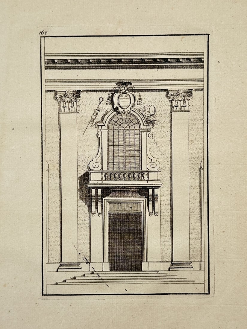 Giacomo Barozzi da Vignola – Architectural Study of a Facade with Portal and Window – Engraving: Regola delli Cinque Ordini d'Architettura This engraving presents a detailed architectural study of a building facade, showcasing a classical stone portal topped by a decorative balustraded balcony an