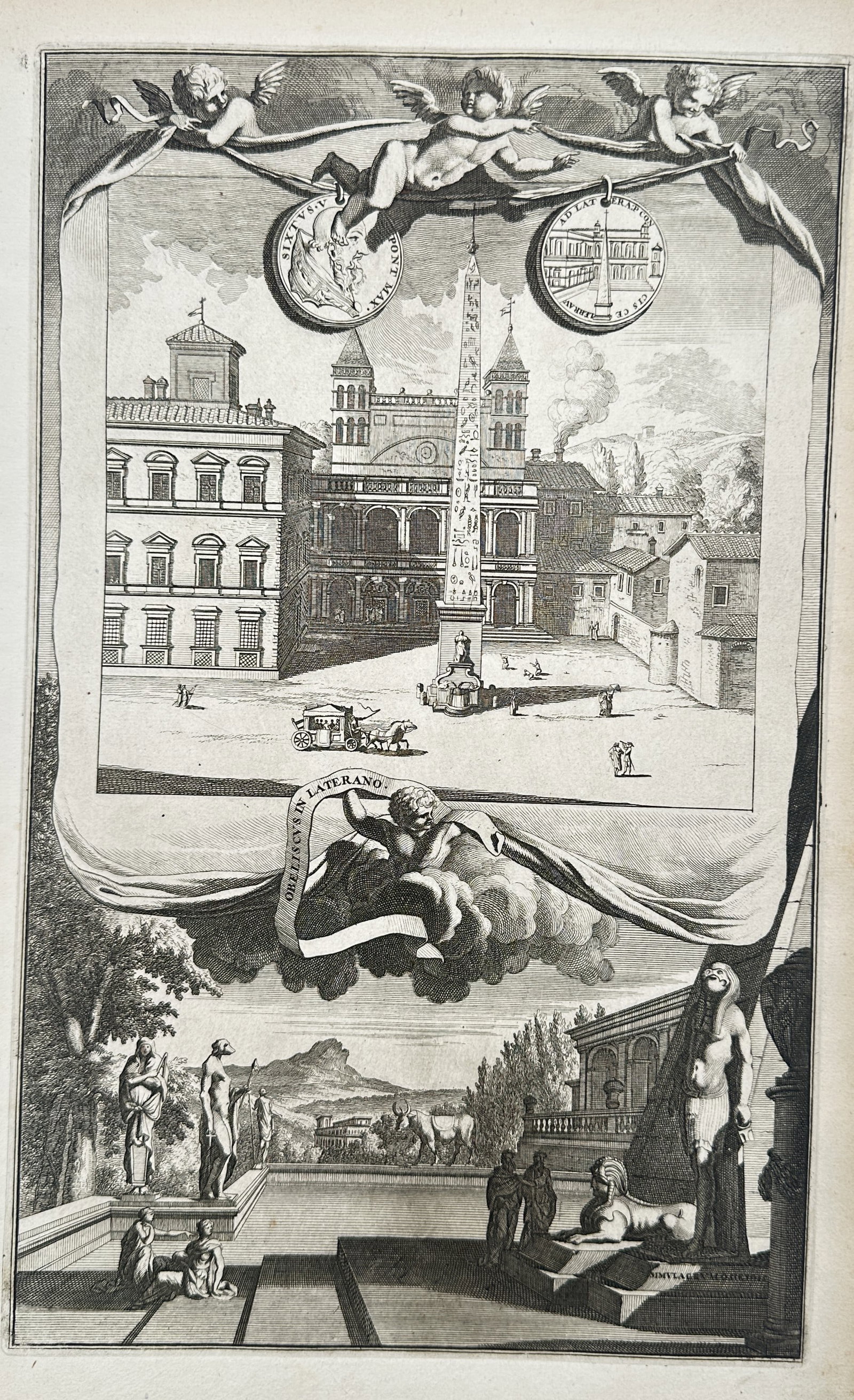 Jan Goeree (1670–1731) – The Lateran Obelisk – Engraving (1704): "Obeliscus in Laterano" features an allegorical and architectural composition centered around the tallest obelisk in Rome. The upper portion shows a framed view of the Piazza di San Giovanni in Latera