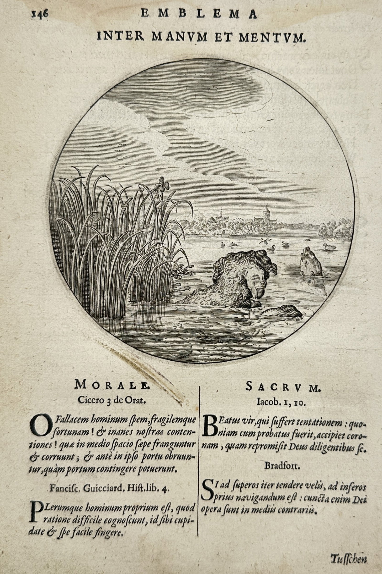 Jacob Cats (1577–1660) – Moral Emblem on Human Fortune – Engraving (1627): "Inter Manum et Mentum" presents a symbolic moral emblem illustrating the precarious nature of human life and fortune through natural imagery. The composition depicts a circular vignette showing a tur
