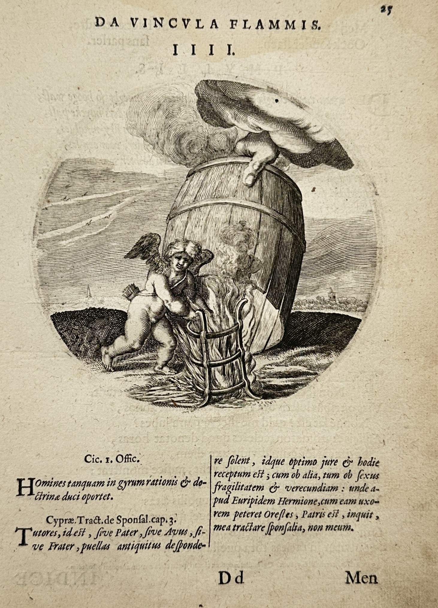 Jacob Cats (1577–1660) – Moral Emblem on Passion and Restraint – Engraving (1627): "Da Vincula Flammis" presents a symbolic moral emblem exploring themes of desire, constraint, and passion through classical allegory. The composition depicts a circular vignette showing an winged cupi
