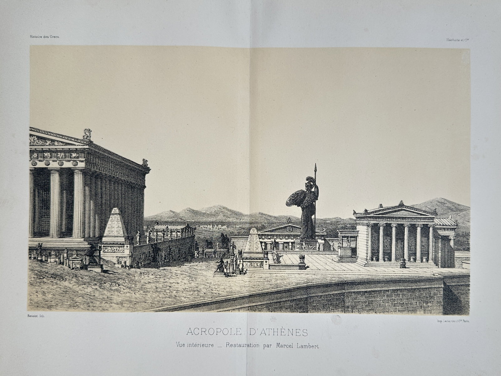 Victor Duruy (1811–1894) – View of the Acropolis of Athens – Engraving (1887): Acropole d'Athènes presents an architectural reconstruction and archaeological study documenting the ancient sanctuary complex in Greece. The composition shows an elevated panoramic vista of the sacr