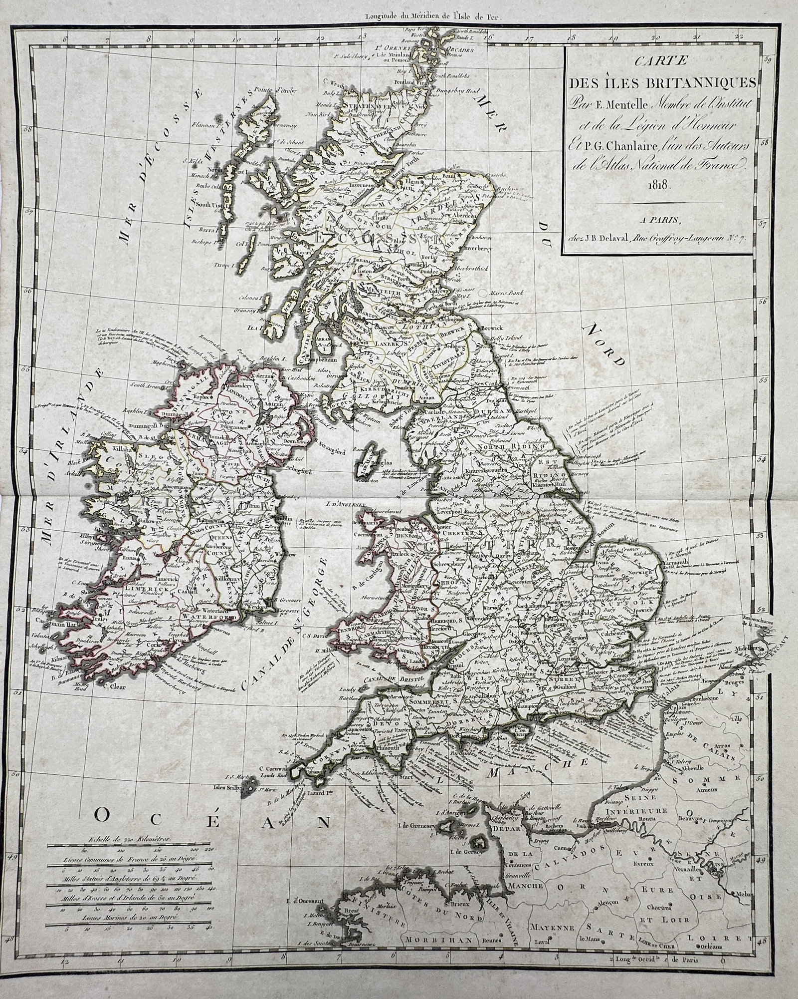 Edme Mentelle (1730–1815) – Map of the British Isles – Great Britain and Ireland – Engraving: Carte des Iles Britanniques presents a detailed regional cartographic study documenting the geography of Great Britain and Ireland. The composition shows the complete contours of England, Scotland, Wa