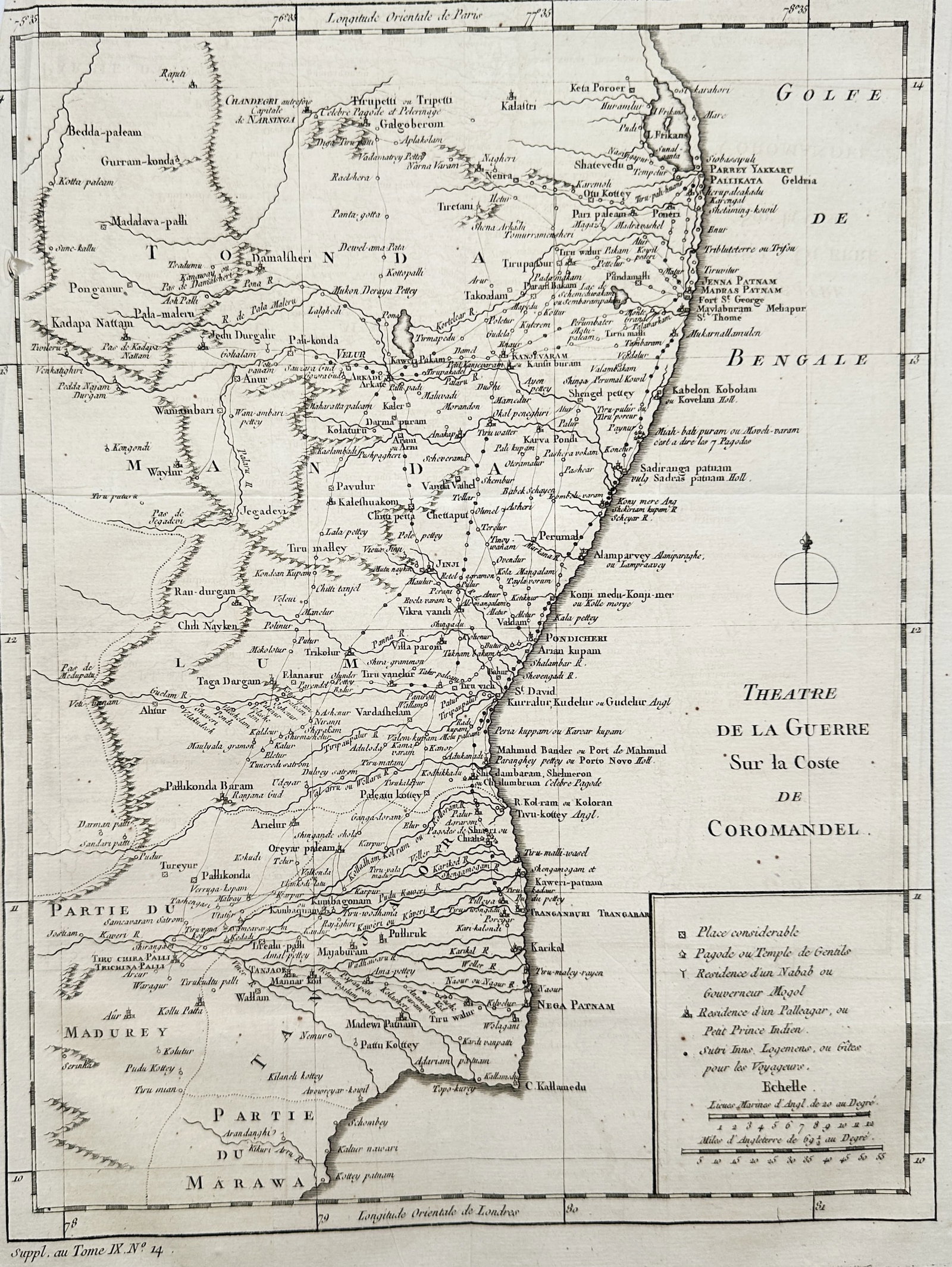 Jacques-Nicolas Bellin (1703–1772) – Map of the Coromandel Coast – India – Engraving (ca.: Theatre de la Guerre Sur la Coste de Coromandel presents a detailed regional cartographic study documenting the eastern coast of southern India during a period of colonial conflict. The composition sh