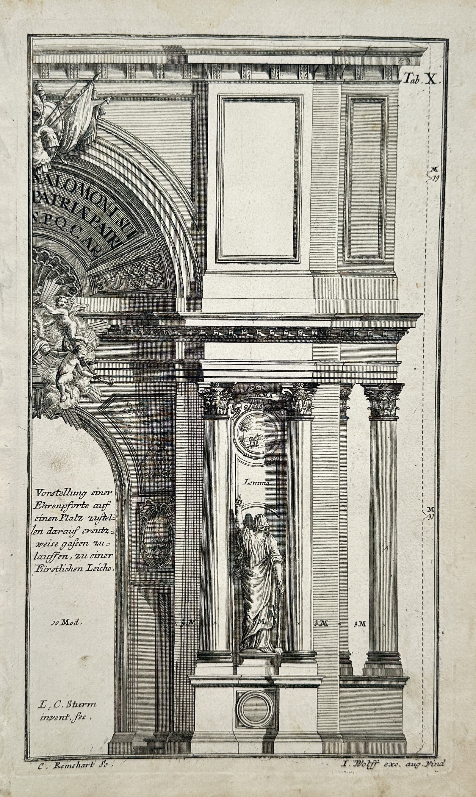 Leonhard Christoph Sturm – Architectural Study of a Triumphal Arch Section – Engraving (1720): Vorstellung einer Ehrenpforte presents a detailed mathematical and architectural treatise illustration documenting the section layout of a ceremonial monument. The composition shows the right side ele