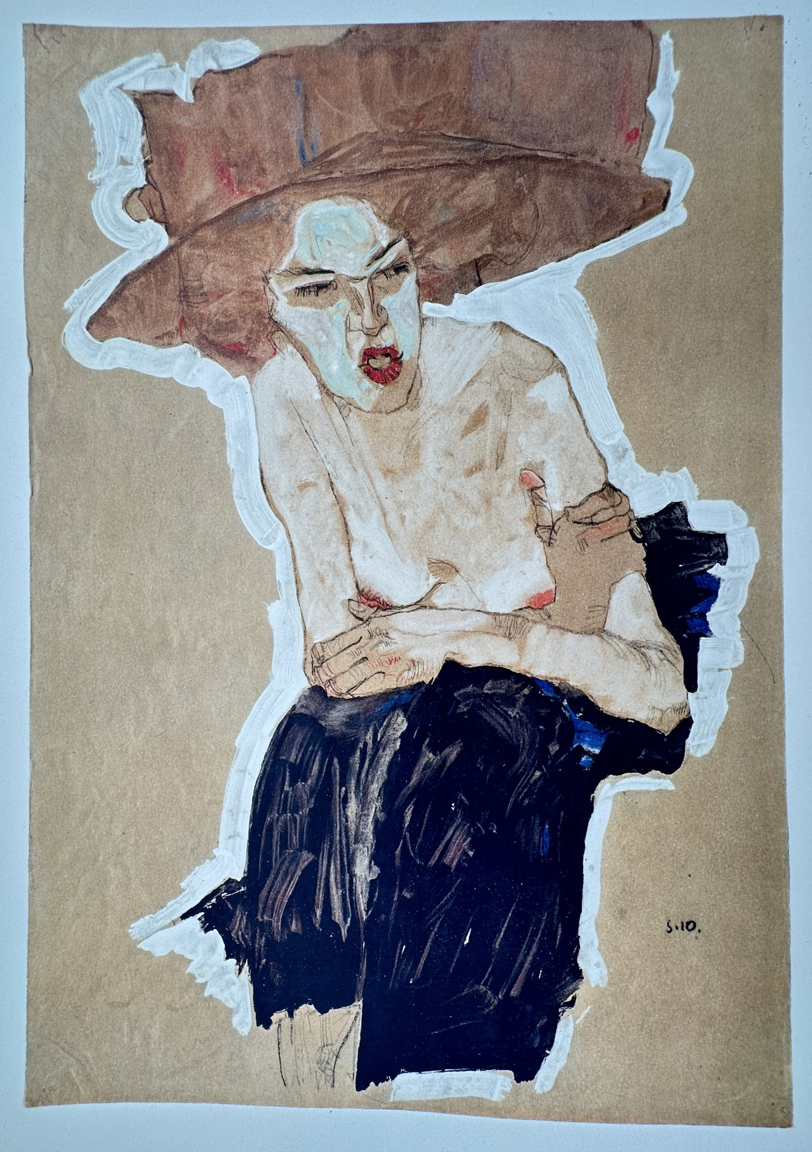 Egon Schiele (Austrian, 1890–1918), after – Female Nude with Large Hat – Offset print (20th: Female Nude with Large Hat presents a general expressionistic figurative study documenting a stylized portrait. The composition shows a seated woman wearing a wide-brimmed brown hat, depicted with pal