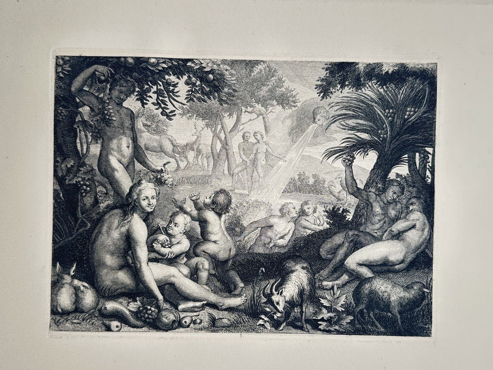 Bernard Picart (1673–1733) – View of the Golden Age – Engraving (1731): The Golden Age presents a general mythological study documenting the idyllic first age of humanity. The composition shows groups of nude figures relaxing, harvesting fruit, and tending animals in a lu