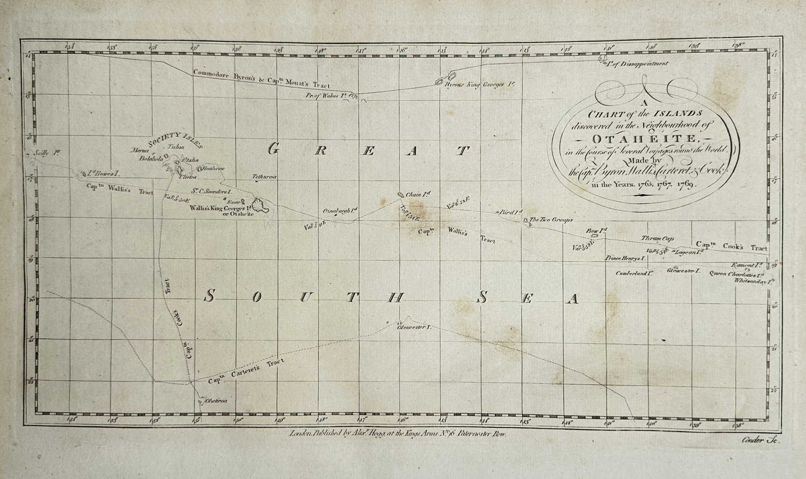 Alexander Hogg – Map of the Islands Discovered in the Neighbourhood of Otaheite – Engraving: A Chart of the Islands Discovered in the Neighbourhood of Otaheite presents a general geographical and hydrographical study documenting Pacific navigation routes and the Society Islands in the Great S