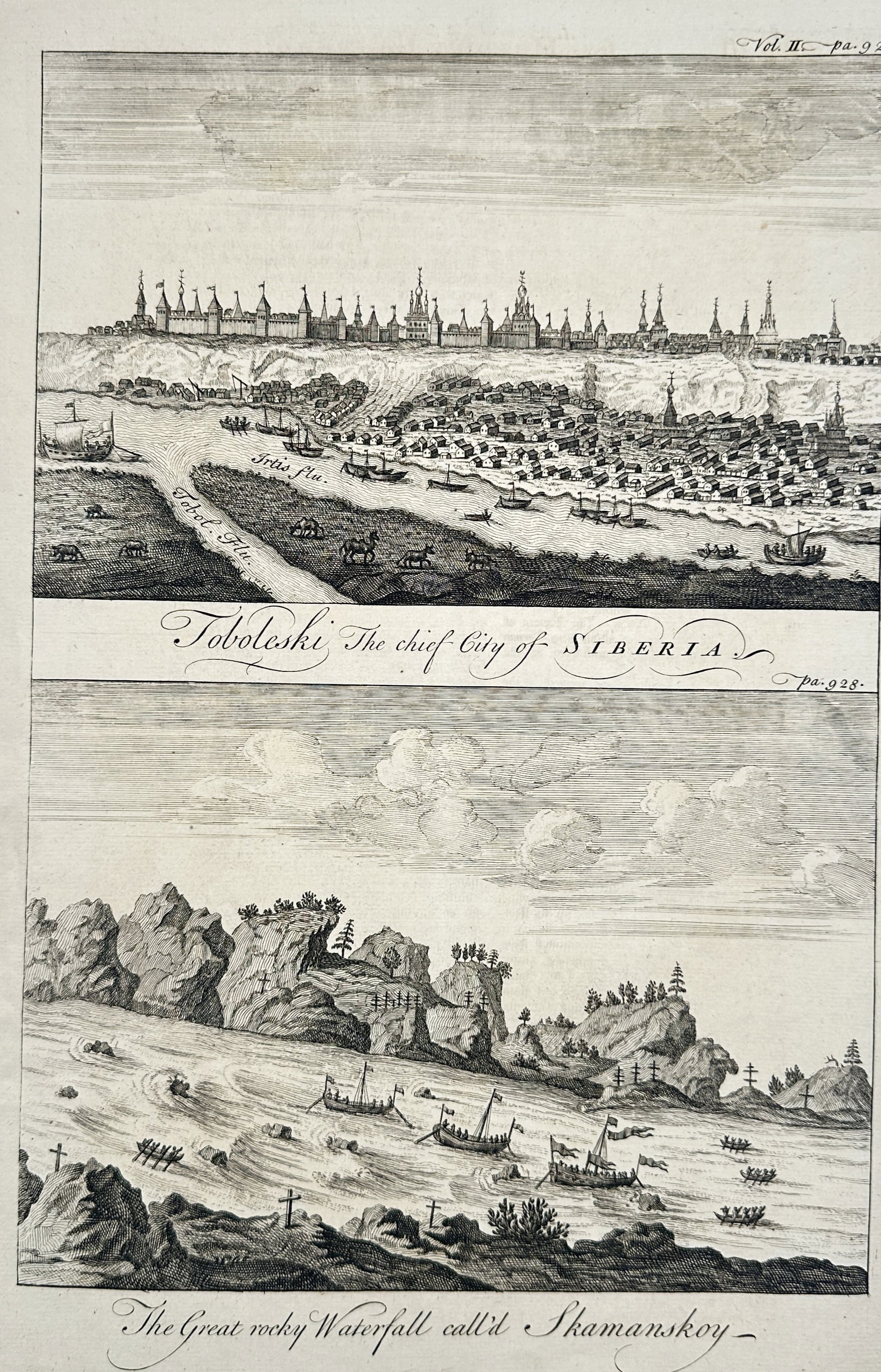 Emanuel Bowen – Views of Tobolsk and the Shamanskoy Waterfall – Engraving (ca. 1745): Toboleski The Chief City of Siberia and The Great Rocky Waterfall Call'd Shamanskoy presents a concise, general description of a topographical study documenting historical Russian locations. The compo
