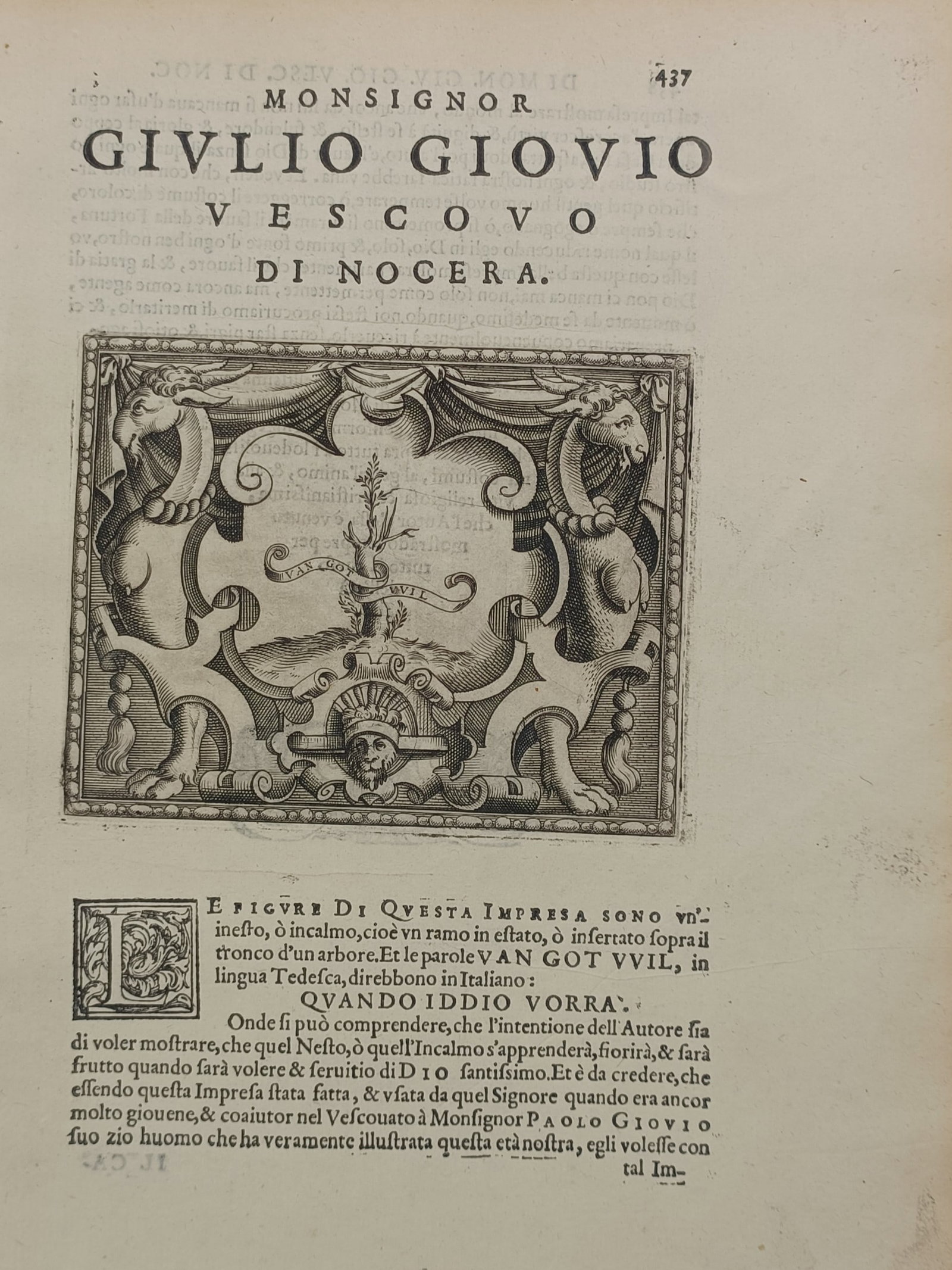 Girolamo Ruscelli (1518–1566) – Emblem of Monsignor Giulio Giovio – Italy – Engraving (1566) (1 of 2)