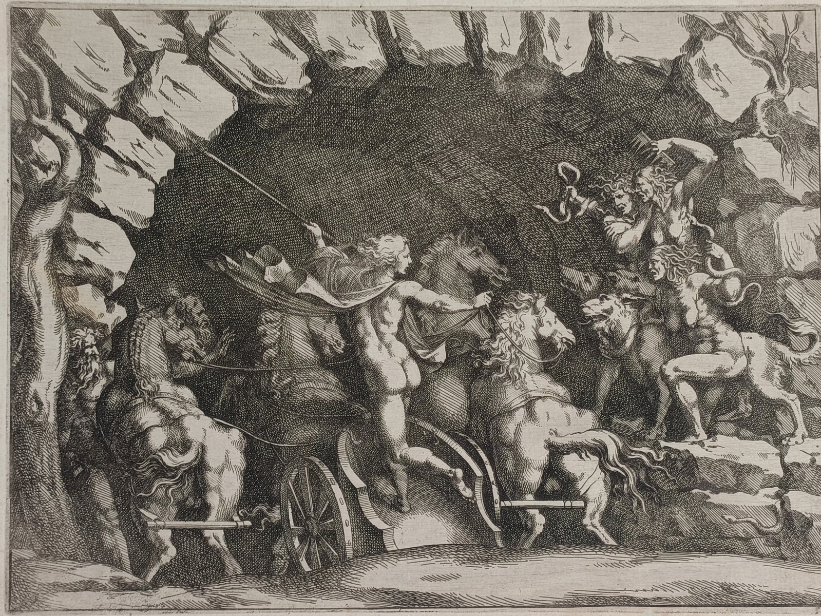Pietro Santi Bartoli – Pluto in His Chariot Descending to the Underworld – Etching (ca. (1 of 2)