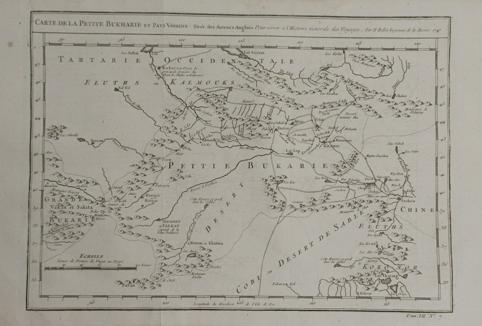 Jacques-Nicolas Bellin – Map of Little Bukharia and Neighboring Countries – Central Asia: "Carte de la Petite Bukharie et Pays Voisins" This work provides a general overview of the geography of Central Asia during the mid-eighteenth century, capturing the territory of Little Bukharia along