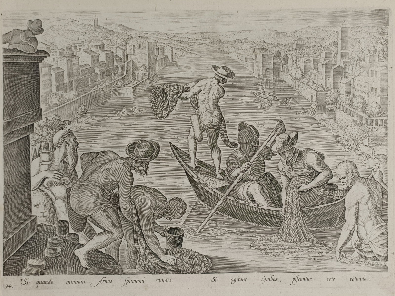 Jan van der Straet (1523–1605) – River Fishing on the Arno – Engraving (ca. 1578) (1 of 2)