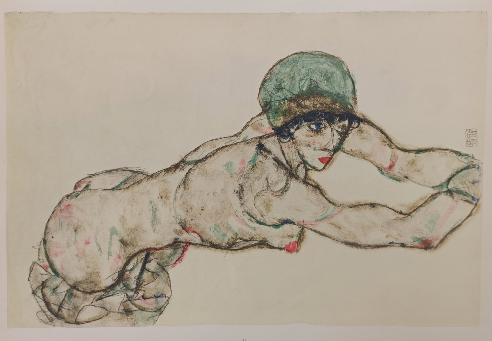 Egon Schiele, after – Reclining Female Nude with Green Cap – Offset print (20th Century): "Liegender Weiblicher Akt Mit Grüner Kappe" This work provides a general overview of early twentieth-century Austrian Expressionism and avant-garde figurative drawing, capturing the intense emotional