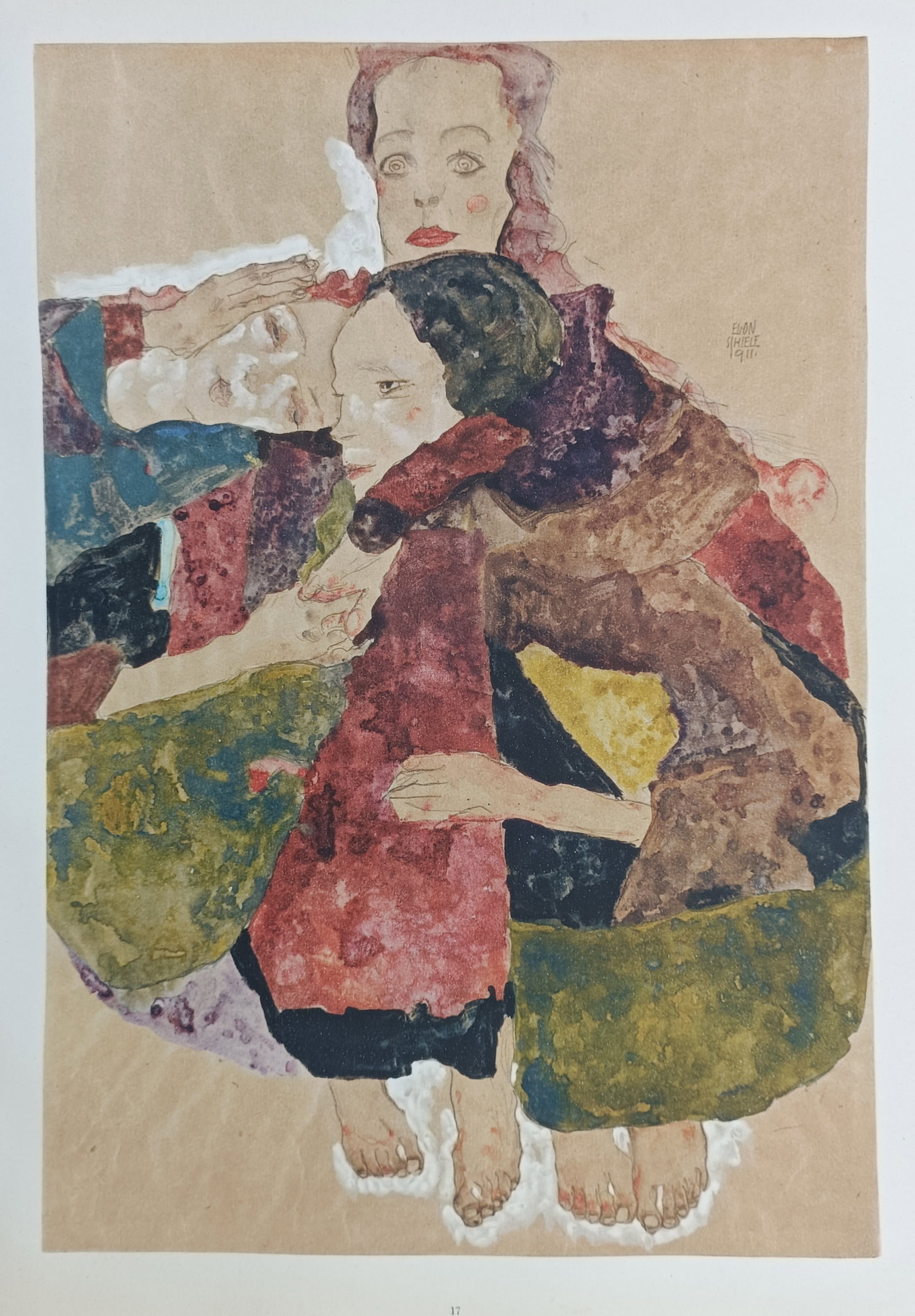 Egon Schiele (1890–1918), after – Group of Three Girls – Offset print (20th Century): "Drei Mädchen" This work provides a general overview of early twentieth-century Austrian Expressionism and avant-garde figurative drawing, capturing the intense emotionality and complex interlocking 