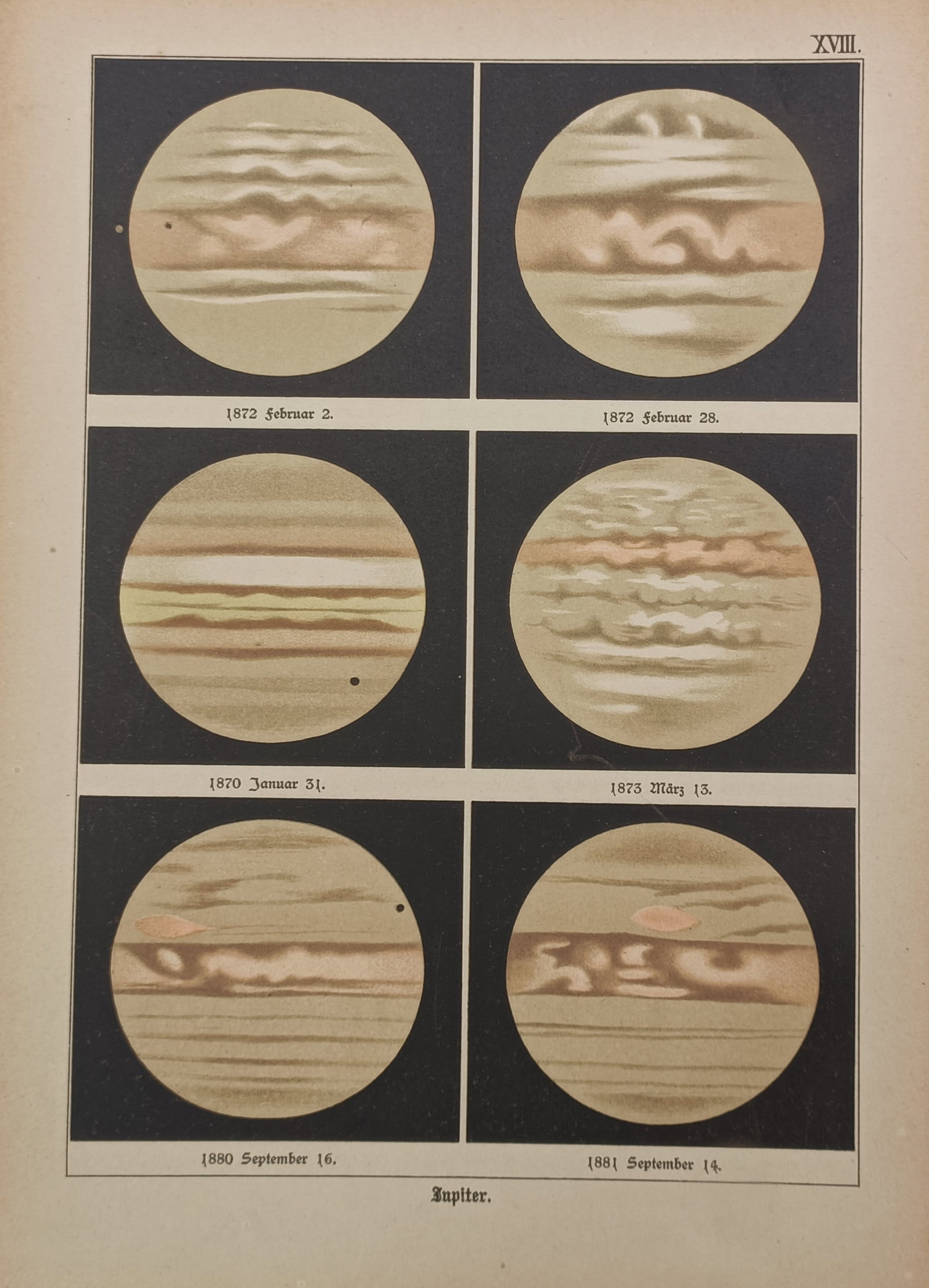 Edmund Weiss (1837–1917) – Observations of Jupiter – Lithograph (1888): "Jupiter." This lithograph displays a series of astronomical observations of the planet Jupiter, capturing changes in its atmospheric bands and surface features over several years from 1870 to 1881. T