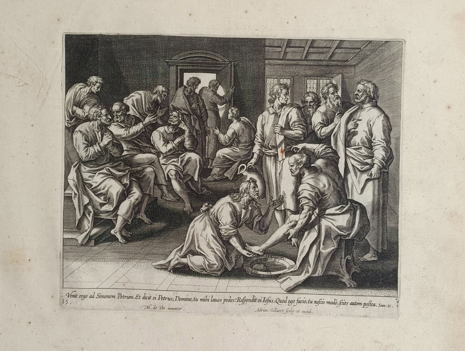 Adriaen Collaert (ca. 1560–1618) – Christ Washing the Feet of Saint Peter – Engraving (ca.: "Venit Ergo ad Simonem Petrum" features a dramatic biblical scene documenting the foot washing of the disciples prior to the Last Supper within a rustic Renaissance interior setting enclosed by a rect