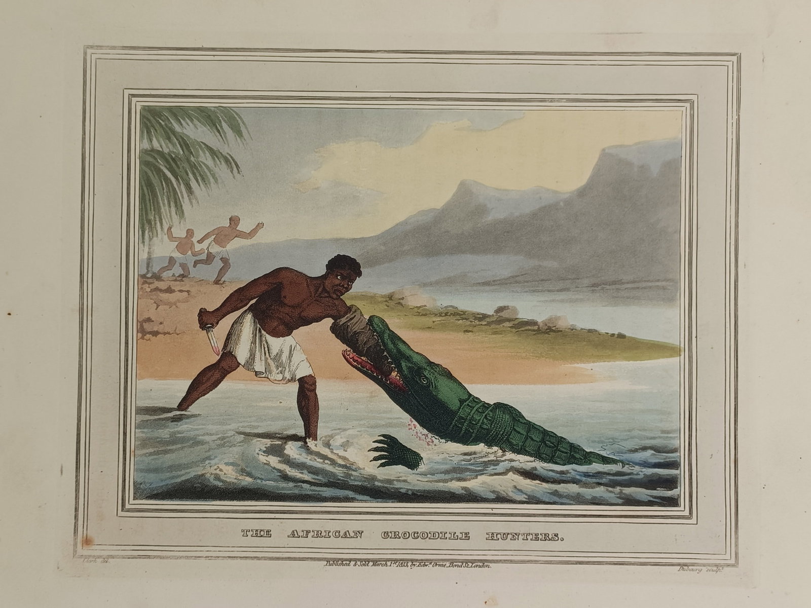 John Heaviside Clark – The African Crocodile Hunters – Hand-coloured aquatint (1813): "The African Crocodile Hunters" features a dynamic sporting scene documenting a traditional crocodile hunt at a tropical river bank enclosed by a rectangular border. The composition displays a dramati