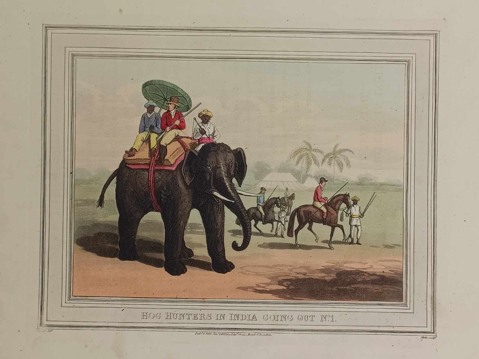 John Heaviside Clark – Hog Hunters in India, Going Out – Hand-coloured aquatint (1813): "Hog Hunters in India, Going Out" features a dynamic sporting scene documenting a group of hunters setting out for an expedition enclosed by a rectangular border. The composition displays riders mount