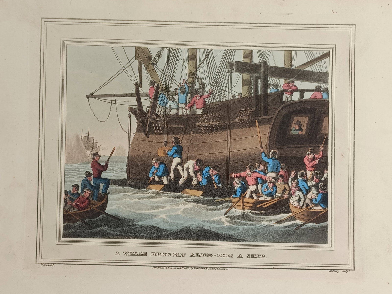 John Heaviside Clark – A Whale Brought Along-side a Ship – Hand-coloured aquatint (1813) (1 of 2)