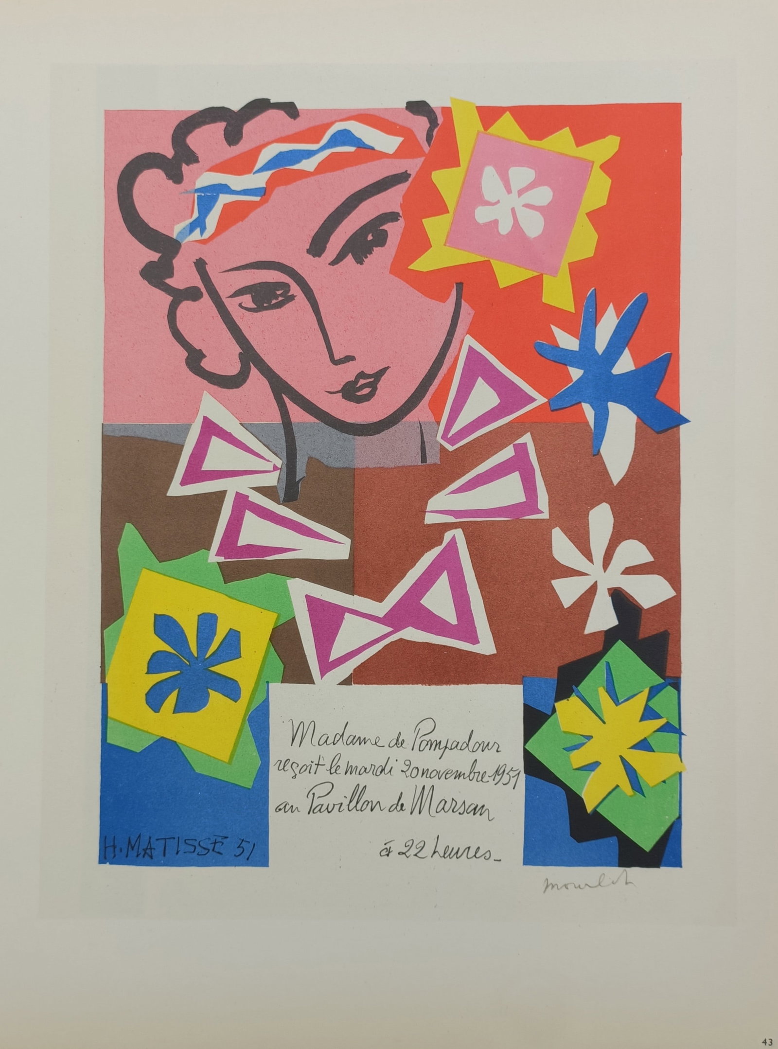Henri Matisse (1869–1954), after – Madame de Pompadour – Offset lithograph (20th Century): "Madame de Pompadour" features a vibrant abstract portrait documenting a stylized female head amidst colorful geometric and floral cutout shapes. The composition displays a bold line portrait of a wom
