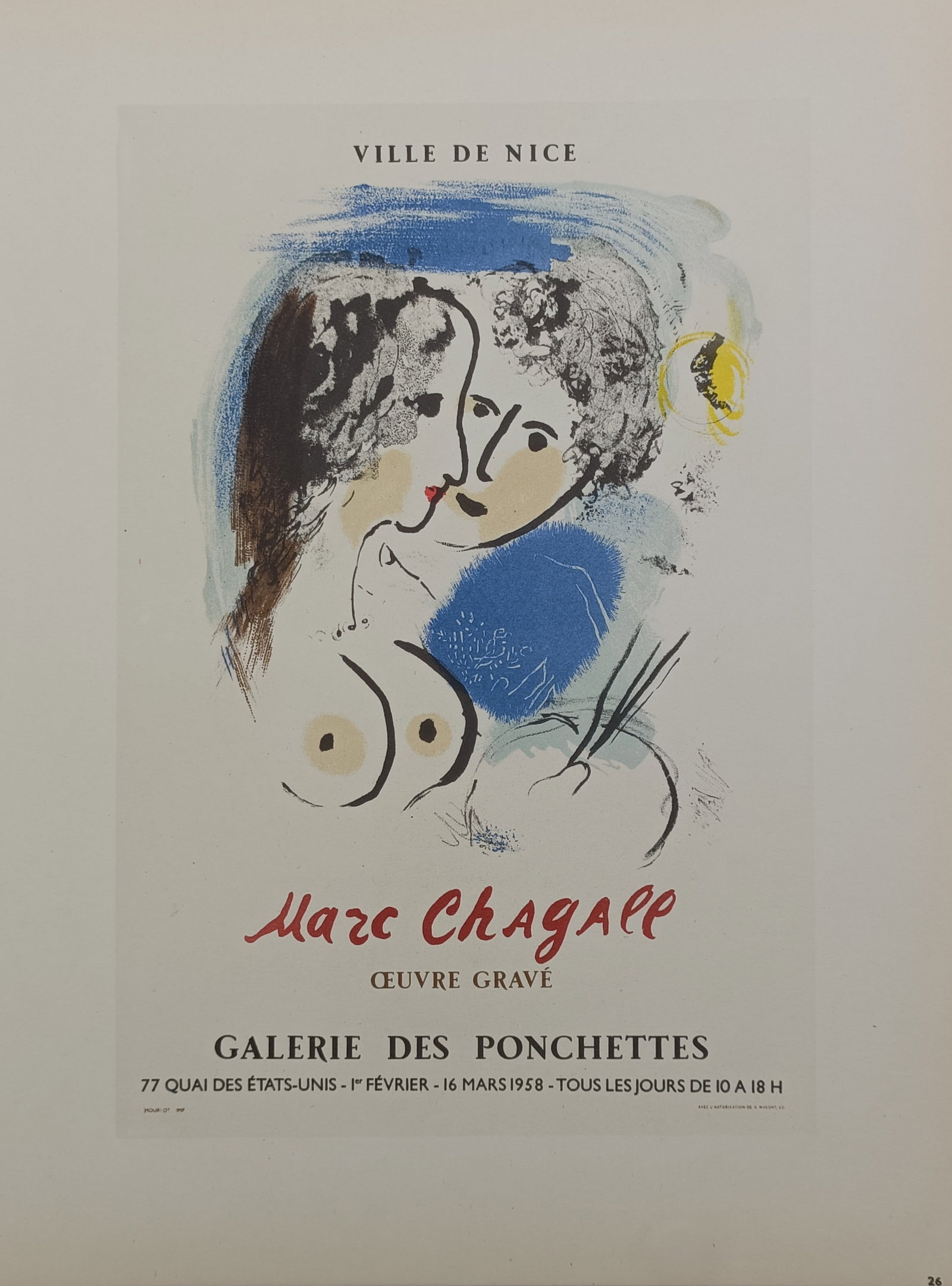 Marc Chagall (1887–1985), after – Galerie des Ponchettes Exhibition Poster – Offset lithograph: "Ville de Nice - Marc Chagall, Oeuvre Grave" features a poetic artistic composition documenting an intimate couple embrace designed for an art exhibition poster. The composition displays two stylized 