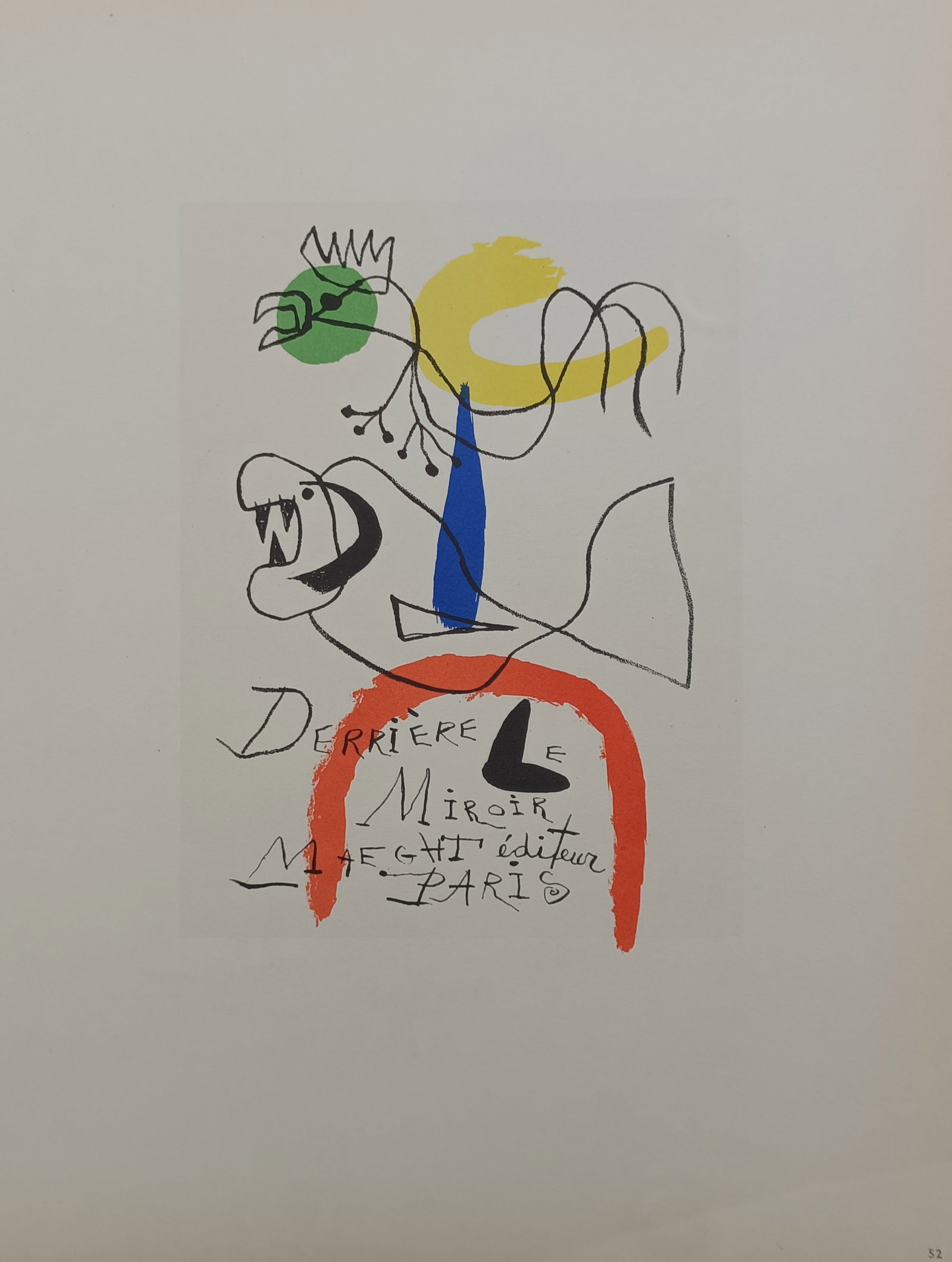 Joan Miró (1893–1983), after – Derrière le Miroir – Offset lithograph (20th Century): "Derrière le Miroir" features a whimsical abstract composition documenting biomorphic forms and symbolic calligraphic elements. The imagery showcases a dynamic interplay of thick black line work fram