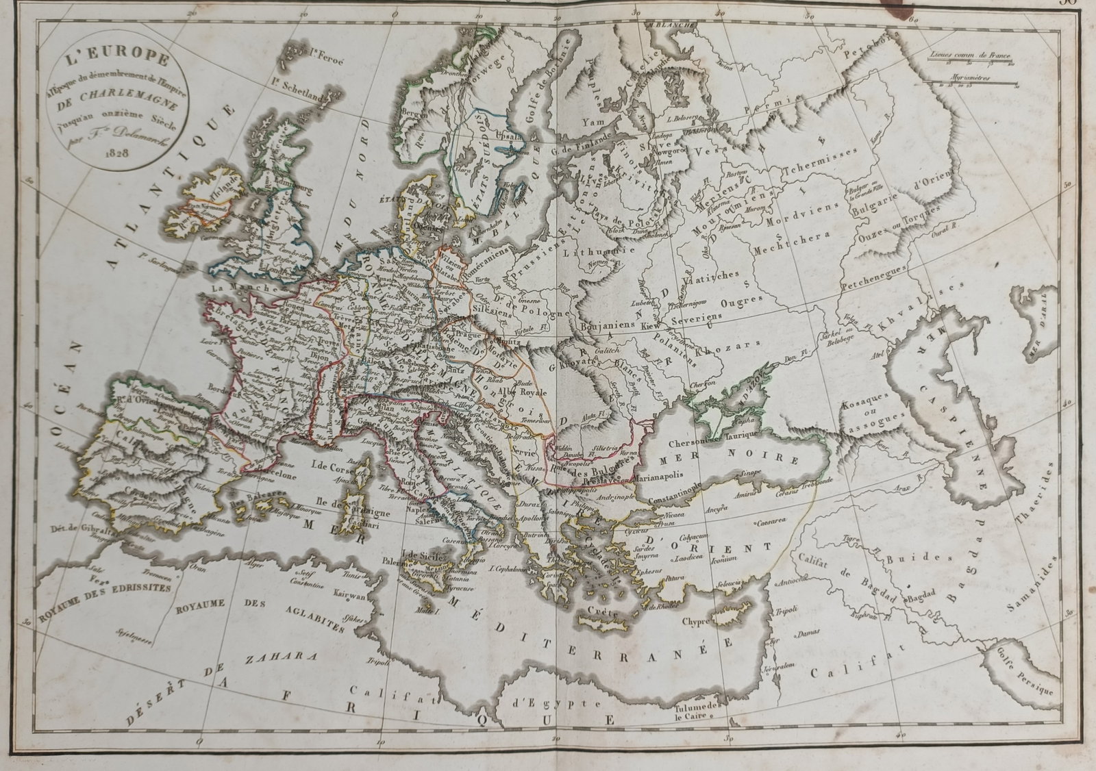 Félix Delamarche (1779–1835) – Map of Europe during the Time of Charlemagne – Europe: "L'Europe depuis le Démembrement de l'Empire de Charlemagne" features a clear cartographic representation documenting the regional borders, kingdoms, coastal shorelines, and maritime boundaries of Eu