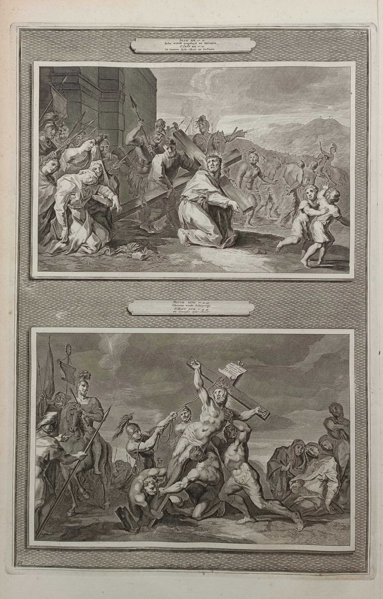 Pierre Mortier – Biblical Scenes of Christ Carrying the Cross and the Crucifixion – Engraving: "Luc. XXIII" features two dramatic biblical scenes documenting historical New Testament narratives enclosed by rectangular borders. The first scene displays Christ carrying the wooden cross on the way