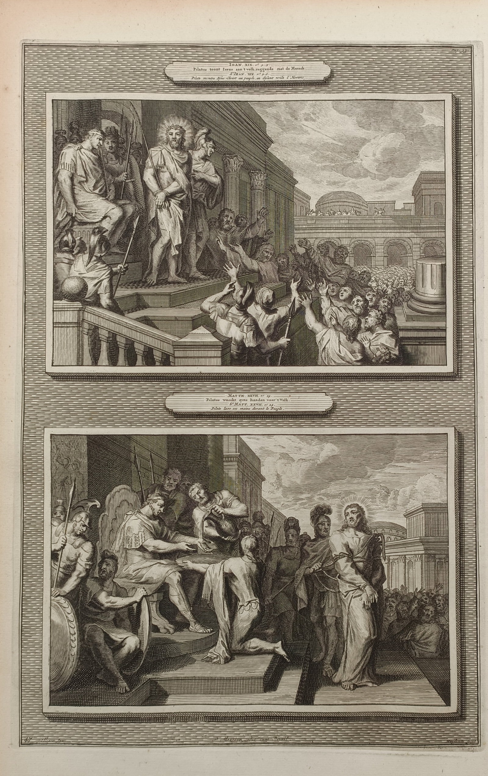 Pierre Mortier – Biblical Scenes of Ecce Homo and Pilate Washing His Hands – Engraving (1700) (1 of 2)