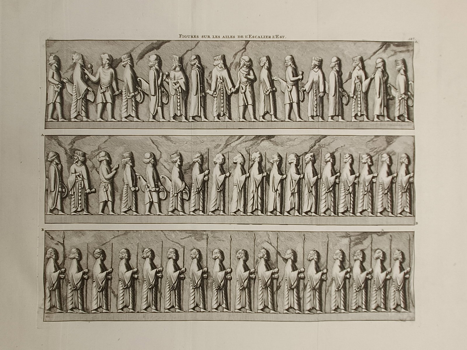 Cornelis de Bruijn (1652–1727) – Reliefs from the Eastern Staircase of Persepolis – Engraving (1 of 2)