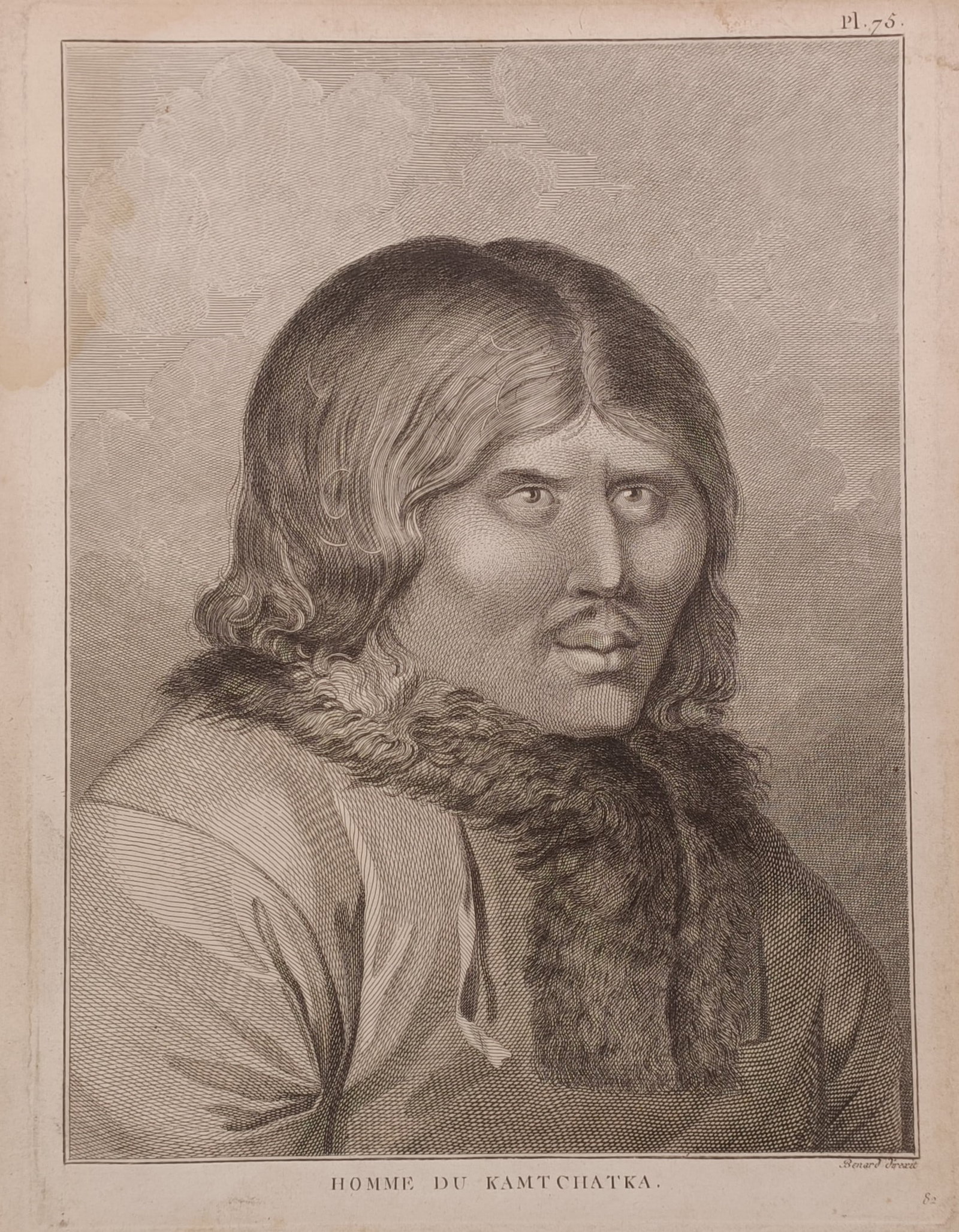 Robert Bénard – Portrait of a Man from Kamchatka – Engraving (1770): "Homme de Kamtschatka" presents an ethnographic portrait of an indigenous man from the Kamchatka Peninsula, capturing his distinct facial features, hair, and traditional cold-weather clothing with a f