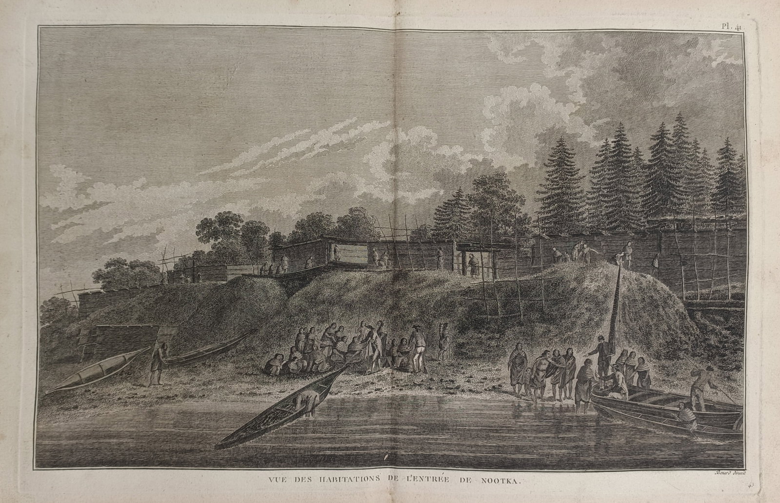 Robert Bénard – View of the Habitations at Nootka Sound – Engraving (1770) (1 of 2)