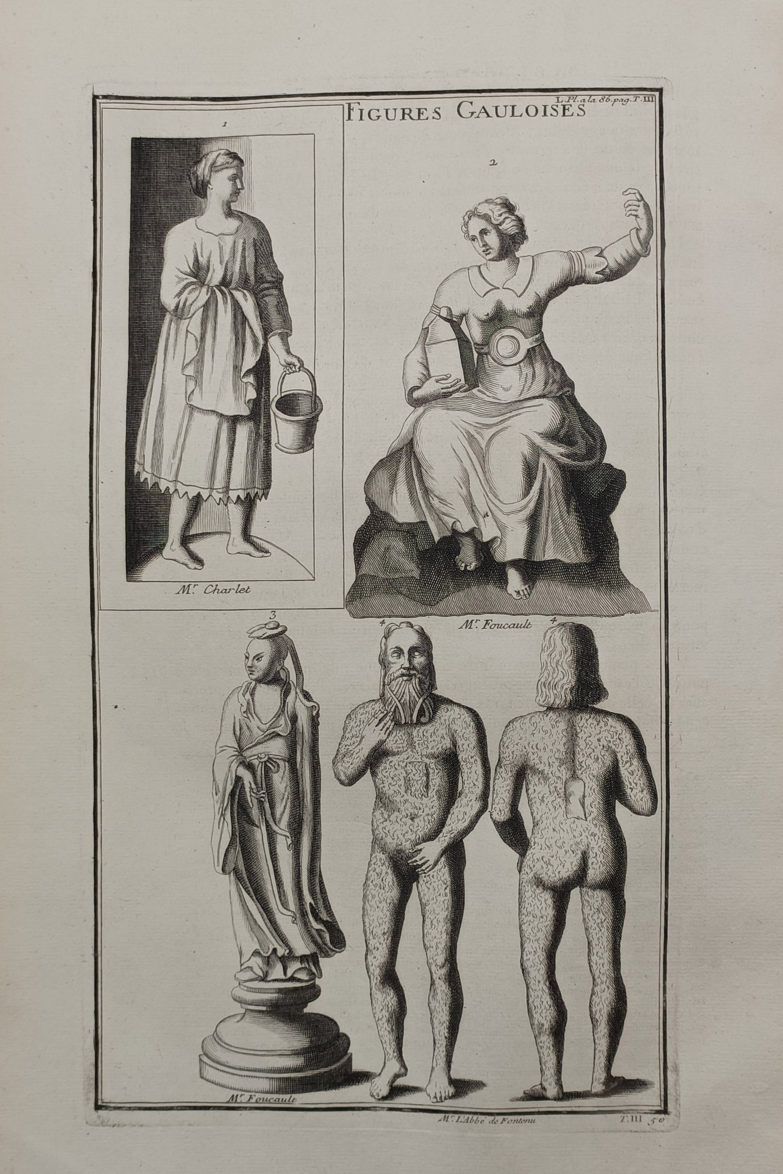 Bernard de Montfaucon (1655–1741) – Gallic Figures – Engraving (1719): "Figures Gauloises" illustrates a structured archaeological survey of ancient figures attributed to Gallic civilization, depicting two dressed individuals in separate upper compartments alongside two 