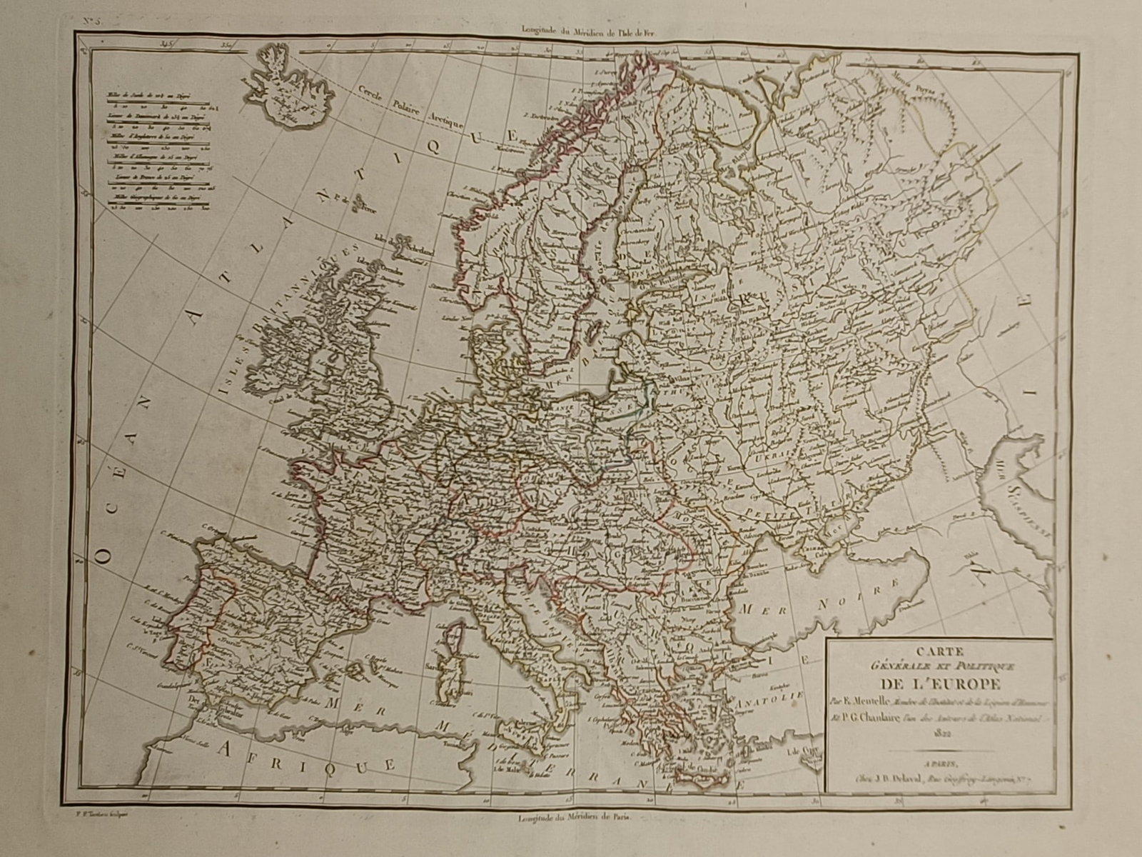 Edme Mentelle (1730–1815) – Map of Europe – Engraving (1804): "Carte Générale et Politique de l'Europe" outlines the political boundaries, major river systems, mountain ranges, and urban centers across the European continent and its surrounding maritime basins