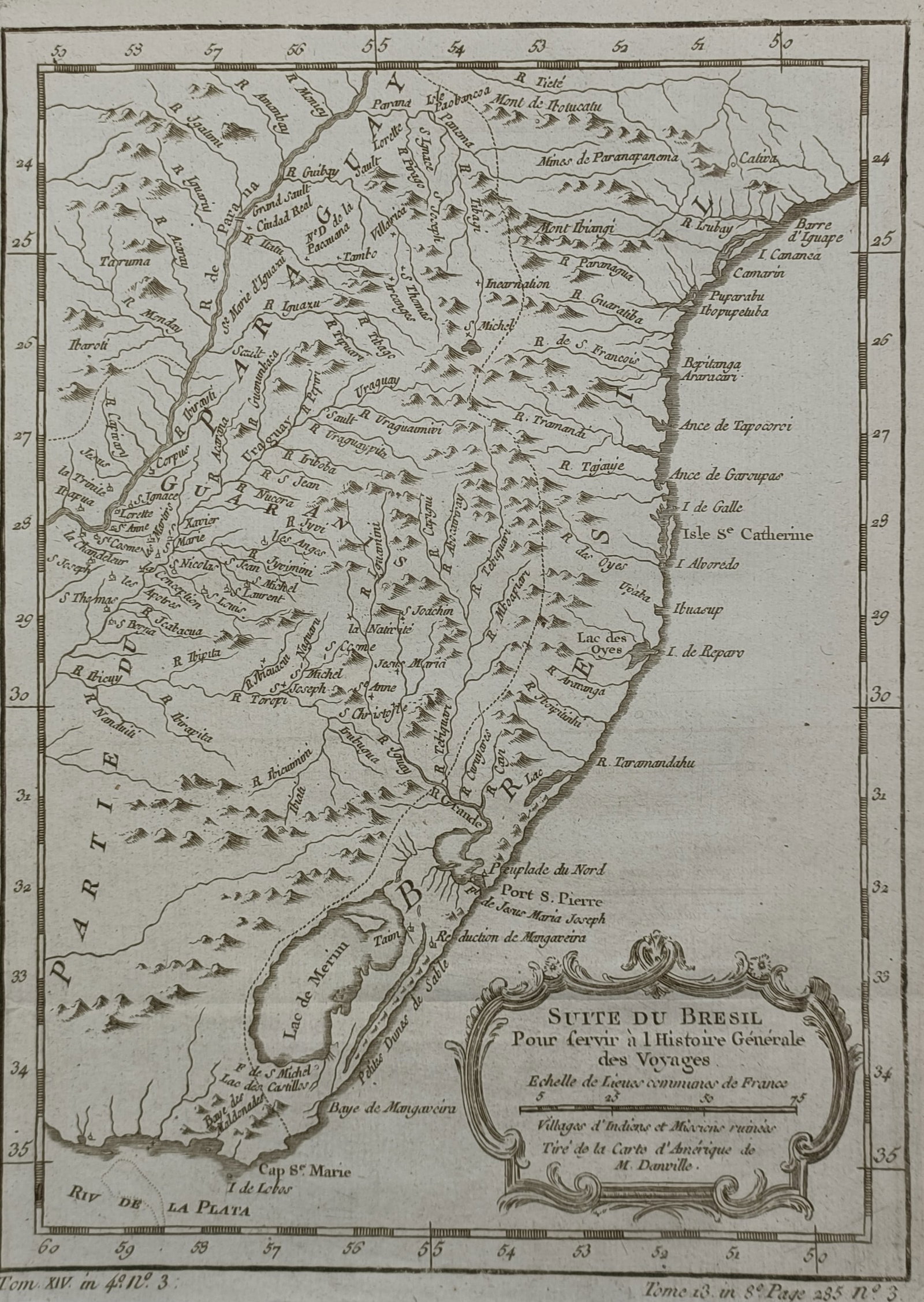 Jean-Baptiste Bourguignon d'Anville (1697–1782) – Map of Southern Brazil – Brazil –: "Suite du Bresil Pour Servir a l'Histoire Generale des Voyages" outlines the coastal configurations, interior river networks, mountainous terrain, and colonial settlements of southern Brazil and the R