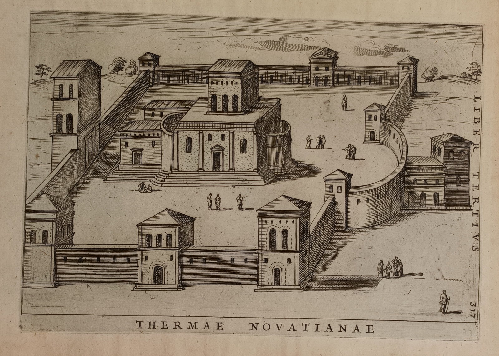 Alessandro Donati (1584–1640) – Map of the Novatian Baths – Italy – Woodcut (1639): "Thermae Novatianae" outlines the architectural layout, fortified boundary walls, watchtowers, and central structure of the ancient Roman bath complex linked to Saint Pudentiana, displaying several sm