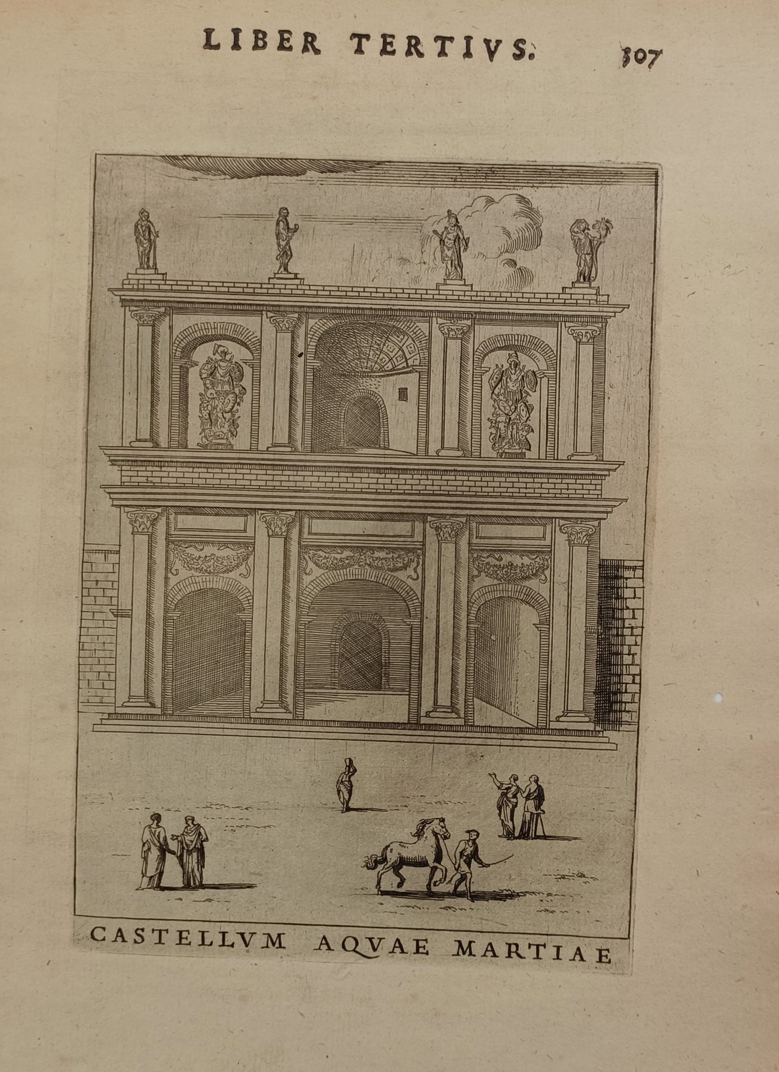 Alessandro Donati (1584–1640) – View of the Aqua Marcia Castellum – Italy – Woodcut (1639): "Castellvm Aqvae Martiae" presents a detailed architectural study of the ancient Roman distribution basin and monumental fountain structure associated with the Aqua Marcia aqueduct system, depicting a