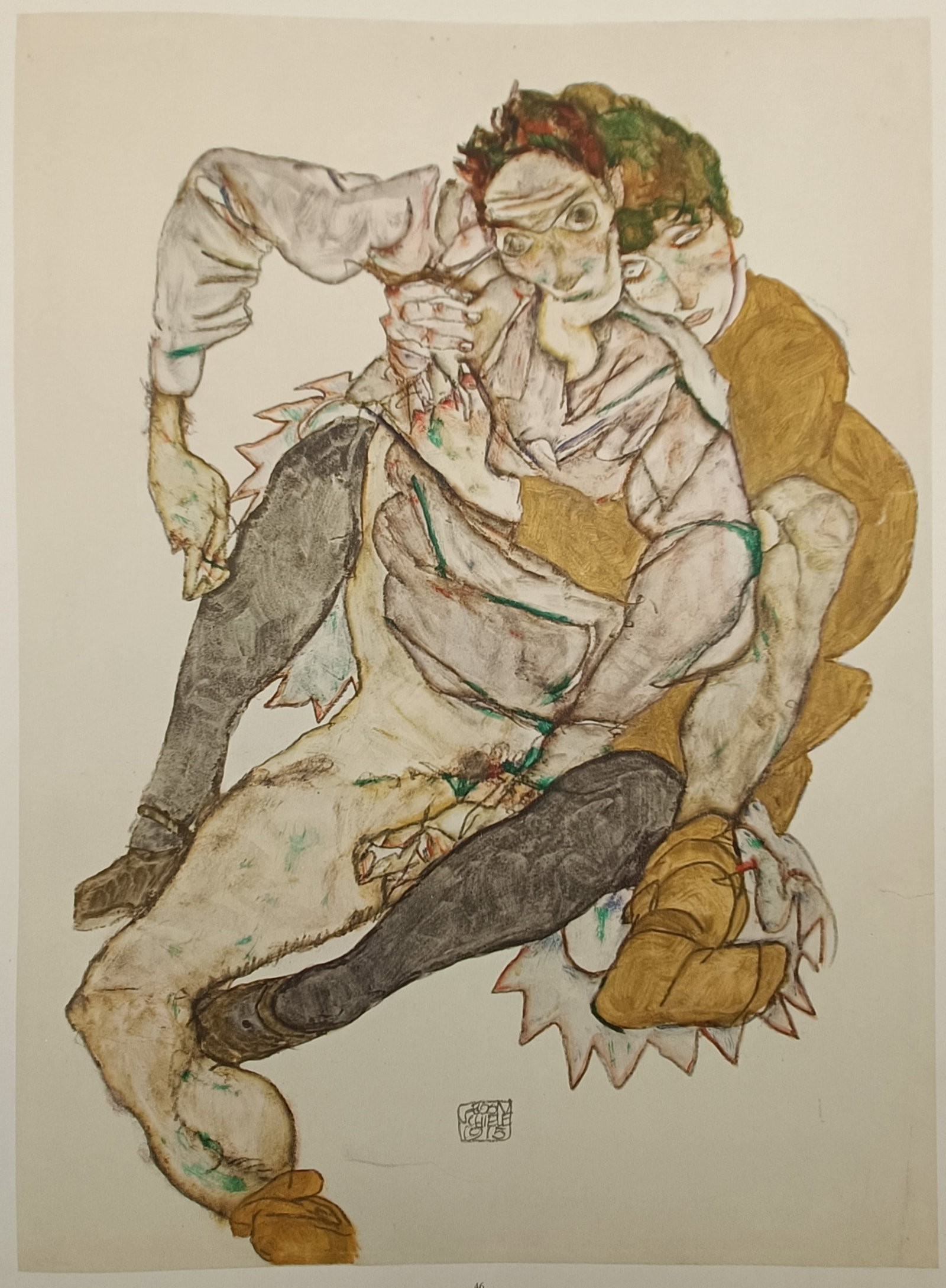 Egon Schiele (1890–1918), after – Death and Man – Offset lithograph (20th Century): "Tod und Mann" presents an expressive figurative composition depicting two intertwined human figures in a complex, angular embrace, capturing a gaunt, wide-eyed central figure held closely by a compan