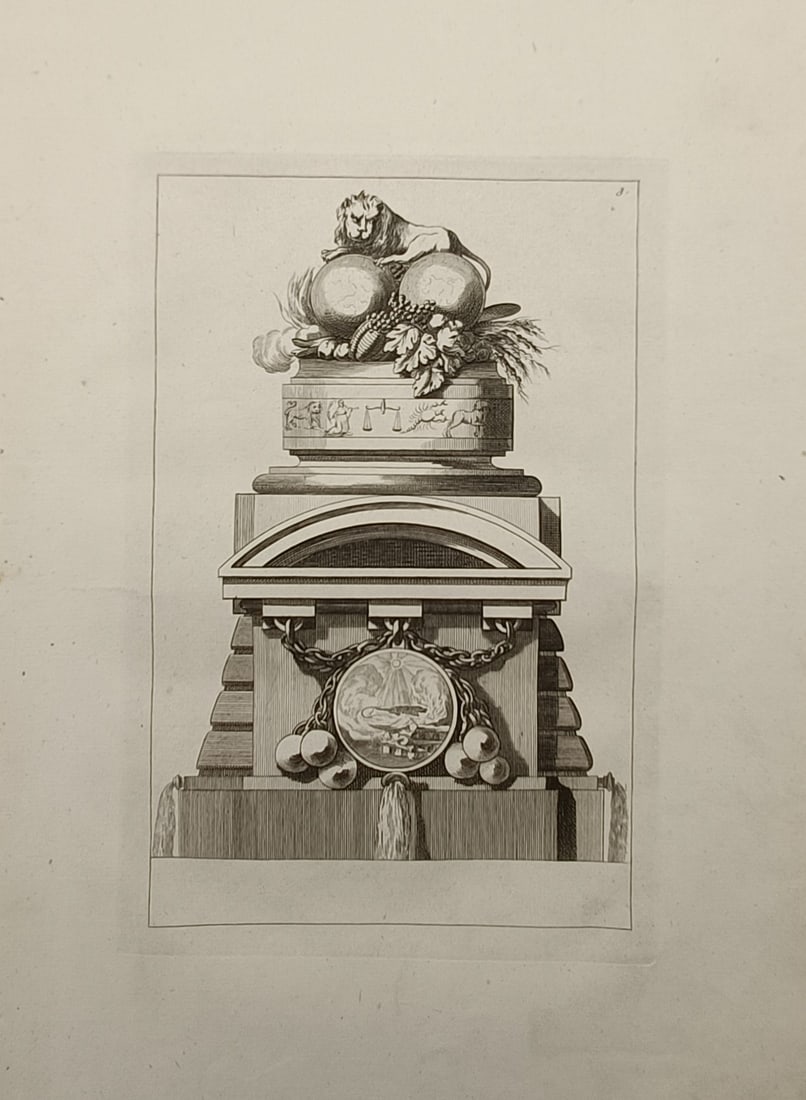 Jean-Charles Delafosse (1734–1791) – Allegory of Earth – Engraving (1768): "La Terre" presents a highly detailed neo-classical architectural and ornamental study symbolizing the element of earth, showcasing a monumental tiered stone pedestal structure crowned by a recumbent 