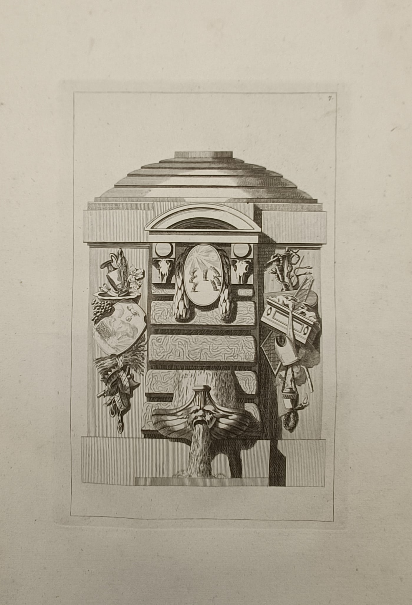 Jean-Charles Delafosse (1734–1791) – Allegory of Water – Engraving (1768): "L'Eau" presents a highly detailed neo-classical architectural and ornamental study symbolizing the element of water, showcasing a monumental tiered stone fountain structure topped with a ribbed dome.