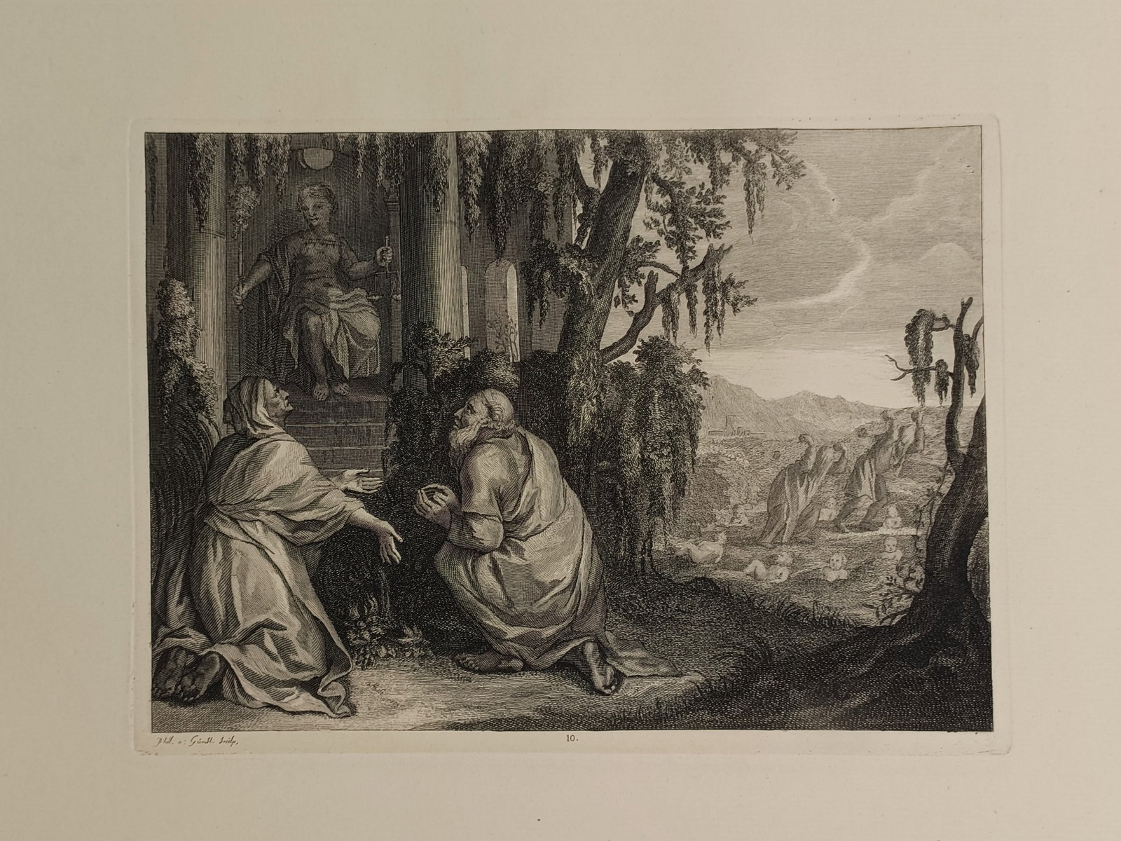 Philip van Gunst – Biblical Scene of Supplication Before a Ruler – Netherlands – Engraving: "Biblical Figure Kneeling Before a Enthroned Ruler" presents a detailed classical narrative study depicting an elderly bearded man and a draped figure kneeling in deep supplication before a king or hi