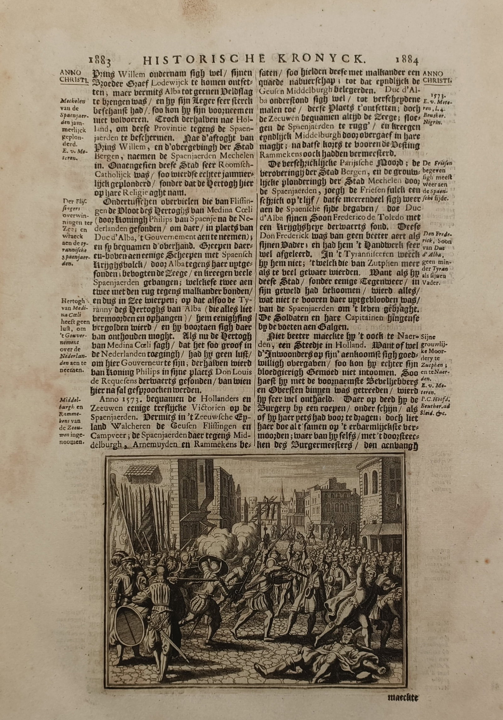 Johann Ludwig Gottfried – Historical Battle Scene and Military Conflict – Germany – Etching: "Historische Kronyck" presents a historical and military narrative study illustrating a chaotic battle scene taking place within a European city street, depicting soldiers armed with pikes, swords, an