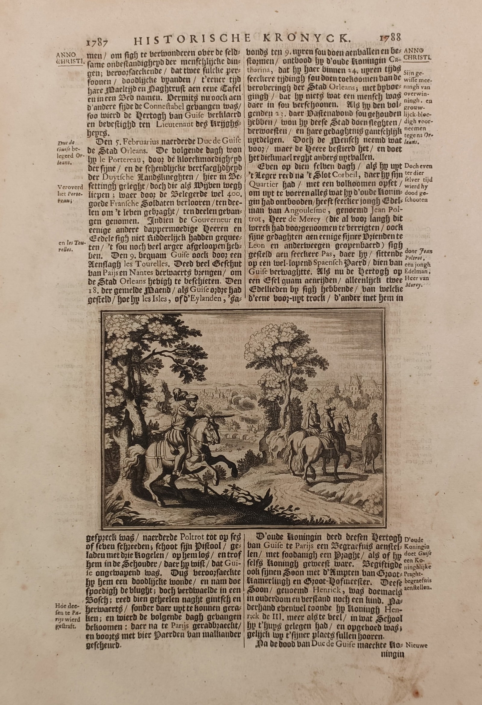 Johann Ludwig Gottfried – Historical Equestrian Encounter – Germany – Etching (1702): "Historische Kronyck" presents a historical narrative study illustrating an equestrian encounter along a countryside path, depicting a prominent figures riding a rearing horse in the foreground while 