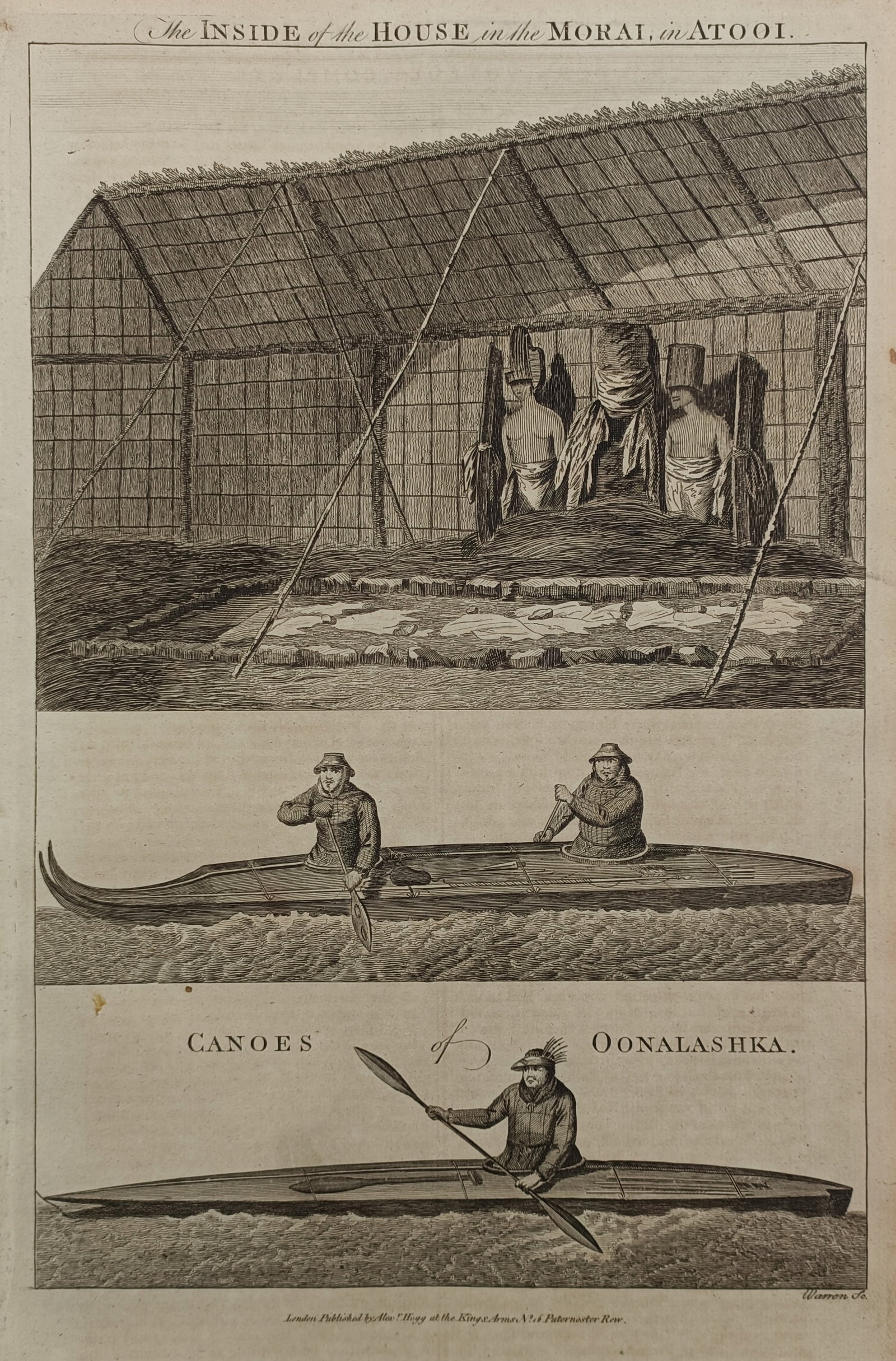 Alexander Hogg – House in Atooi and Canoes of Oonalashka – Great Britain – Engraving (1784) (1 of 2)