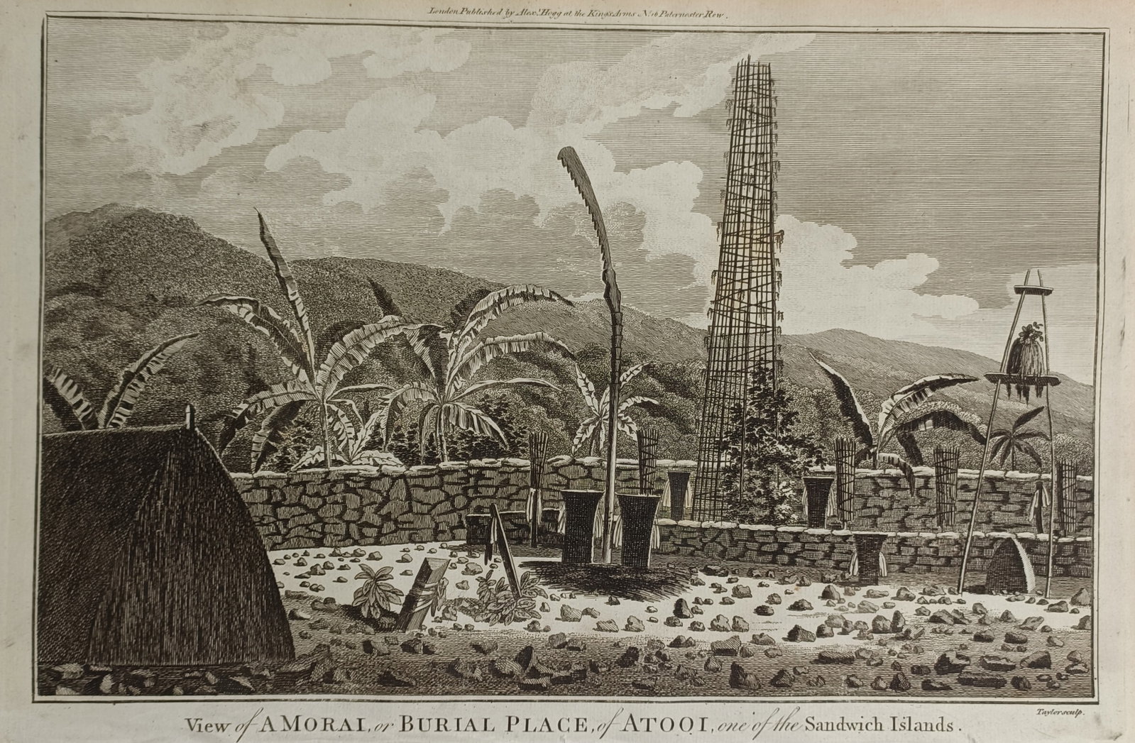 Alexander Hogg – Burial Place of Atooi – Great Britain – Engraving (1784): "View of a Morai, or Burial Place, of Atooi, One of the Sandwich Islands" presents an 18th-century ethnographic landscape study depicting a traditional Hawaiian sacred ceremonial and burial site on Ka