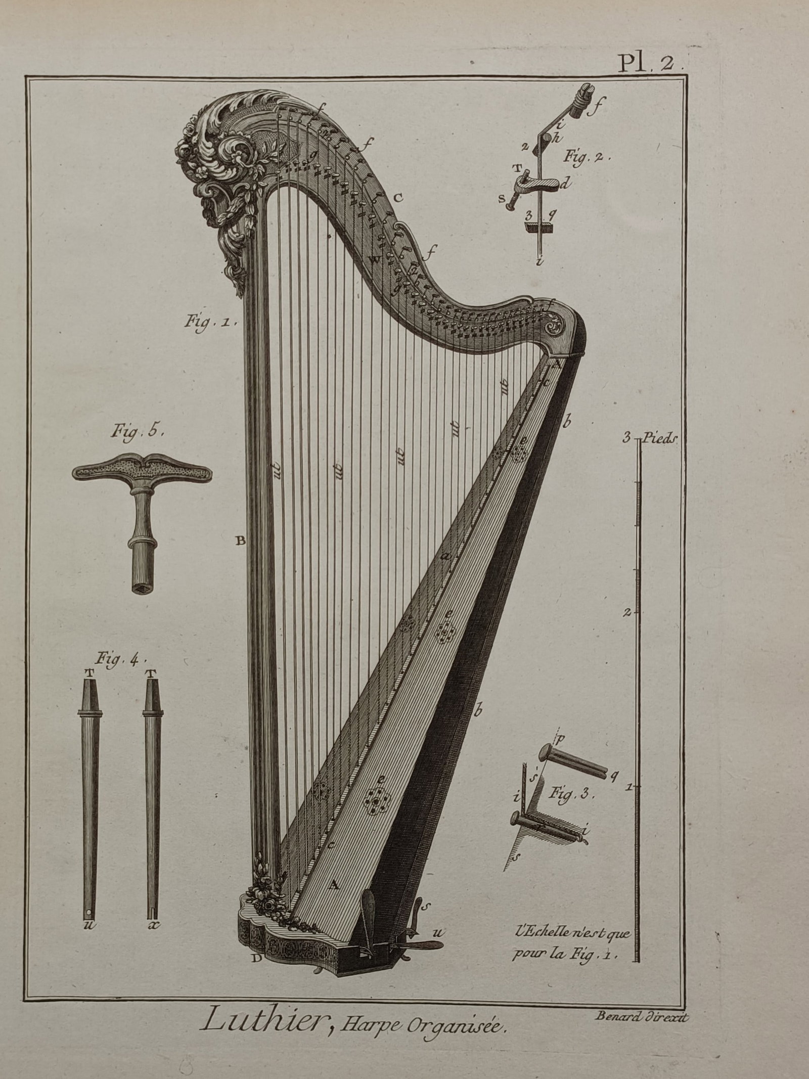 Robert Bénard – Technical Construction of an Organized Harp – France – Engraving (1762) (1 of 2)