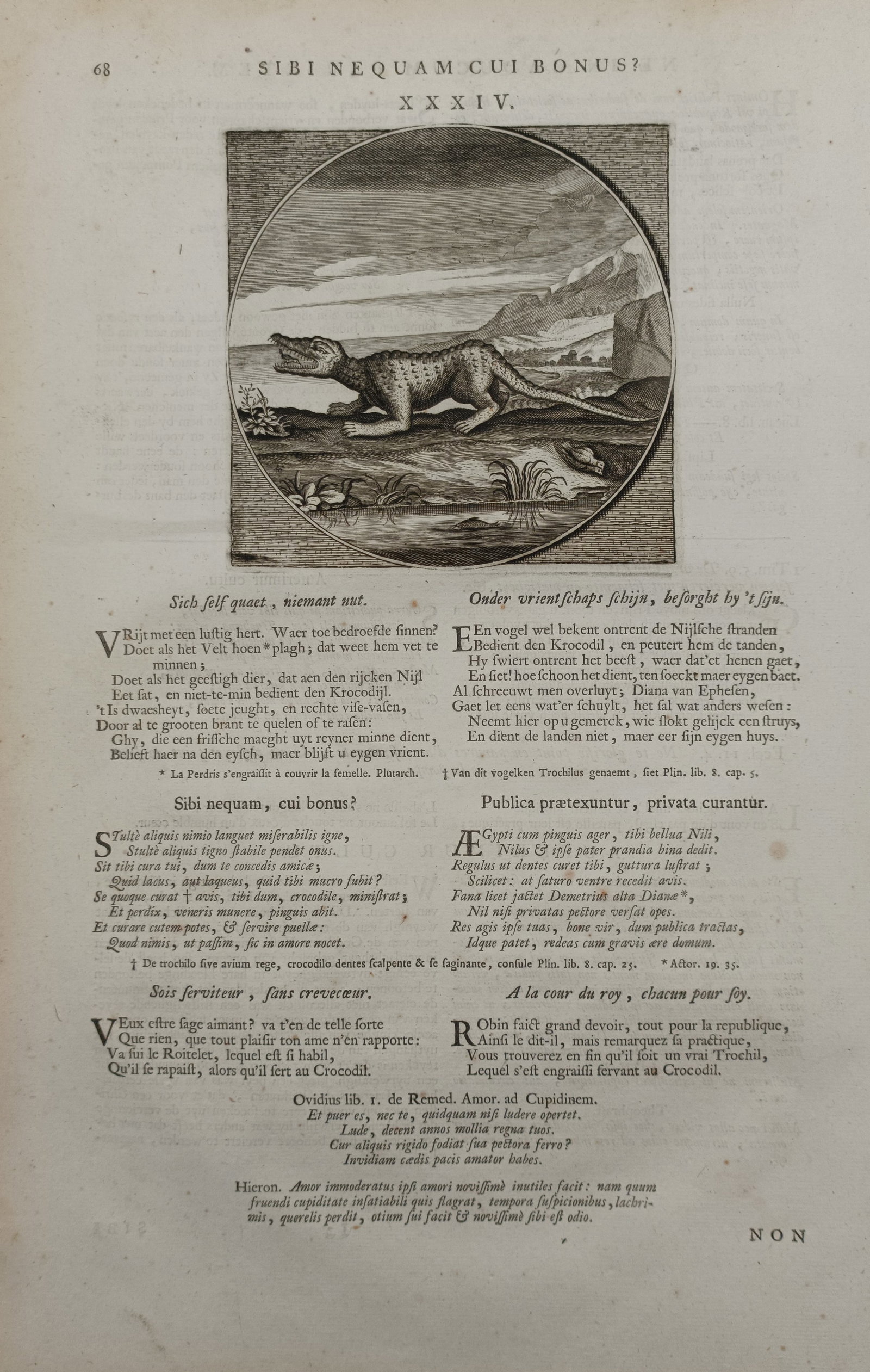 Jacob Cats – Moral Emblem of the Crocodile and the Trochilus Bird – Netherlands – Engraving: "Sibi Nequam Cui Bonus?" presents a seventeenth-century moralistic emblem study enclosed within a circular frame, illustrating a crocodile resting along a reedy riverbank with its mouth open as a smal