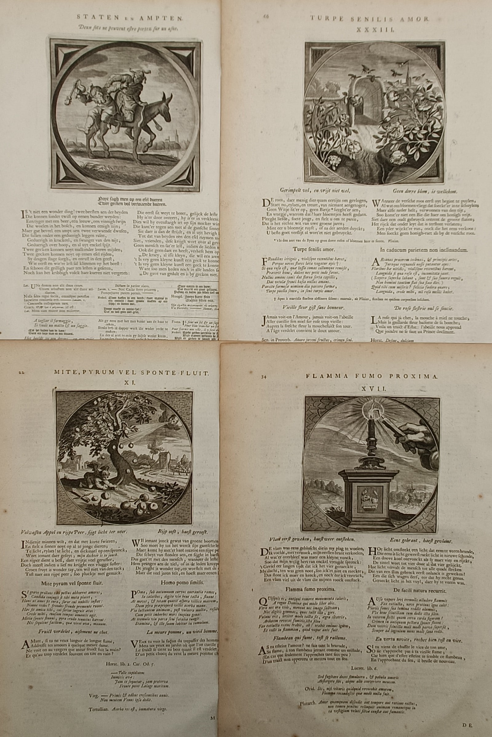 Jacob Cats – Set of 4: Moral Emblems on Human Folly and Devotion – Netherlands – Engraving: "Staten en Ampten, Turpe Senilis Amor, Mite, Pyrum Vel Sponte Fluit, Flamma Fumo Proxima" presents a set of four seventeenth-century moralistic emblem studies enclosed within decorative frames. The co