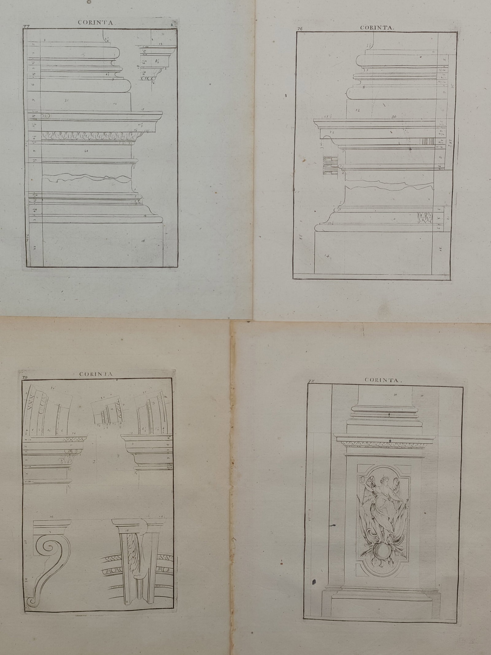 Giacomo Barozzi da Vignola – Set of 4: Architectural Studies of the Corinthian Order – Italy: "Corinta" presents a set of four early seventeenth-century architectural plates illustrating the precise geometric proportions and structural components of the Corinthian classical order. The collecti